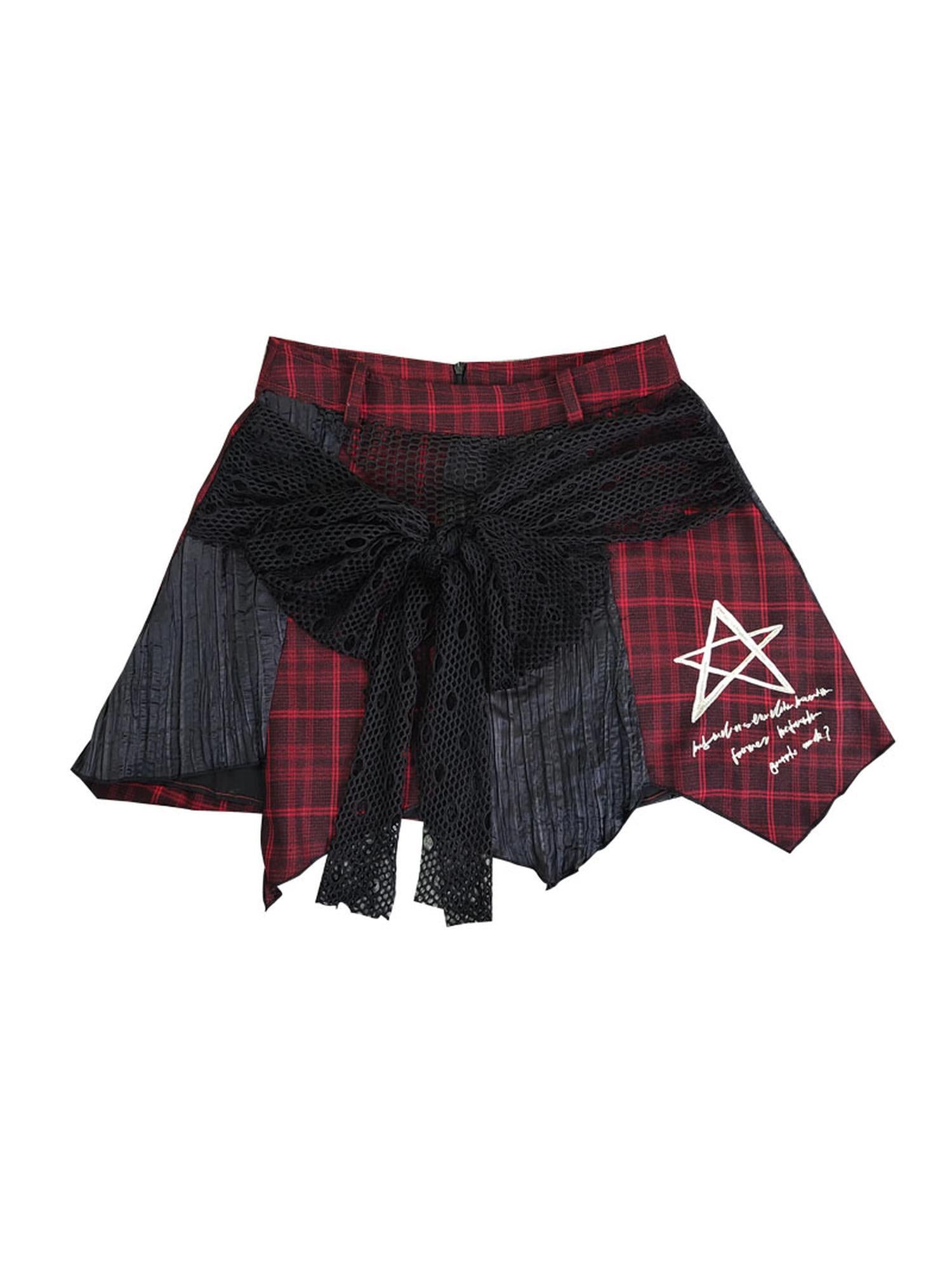 WSW WUSHENWU Red Black Asymmetrical Plaid Layered Mini Skirt