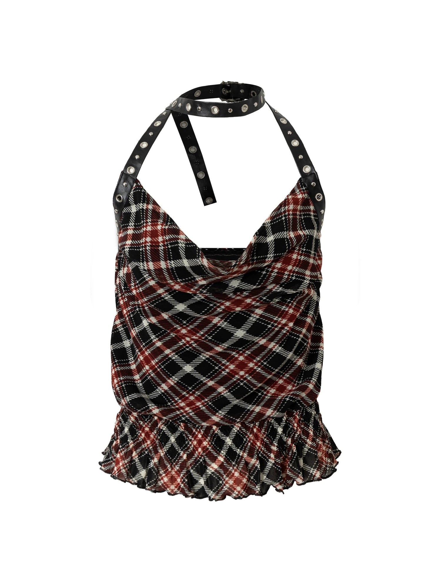 Vintage Plaid Mesh Halter Top Slim Fit Blouse
