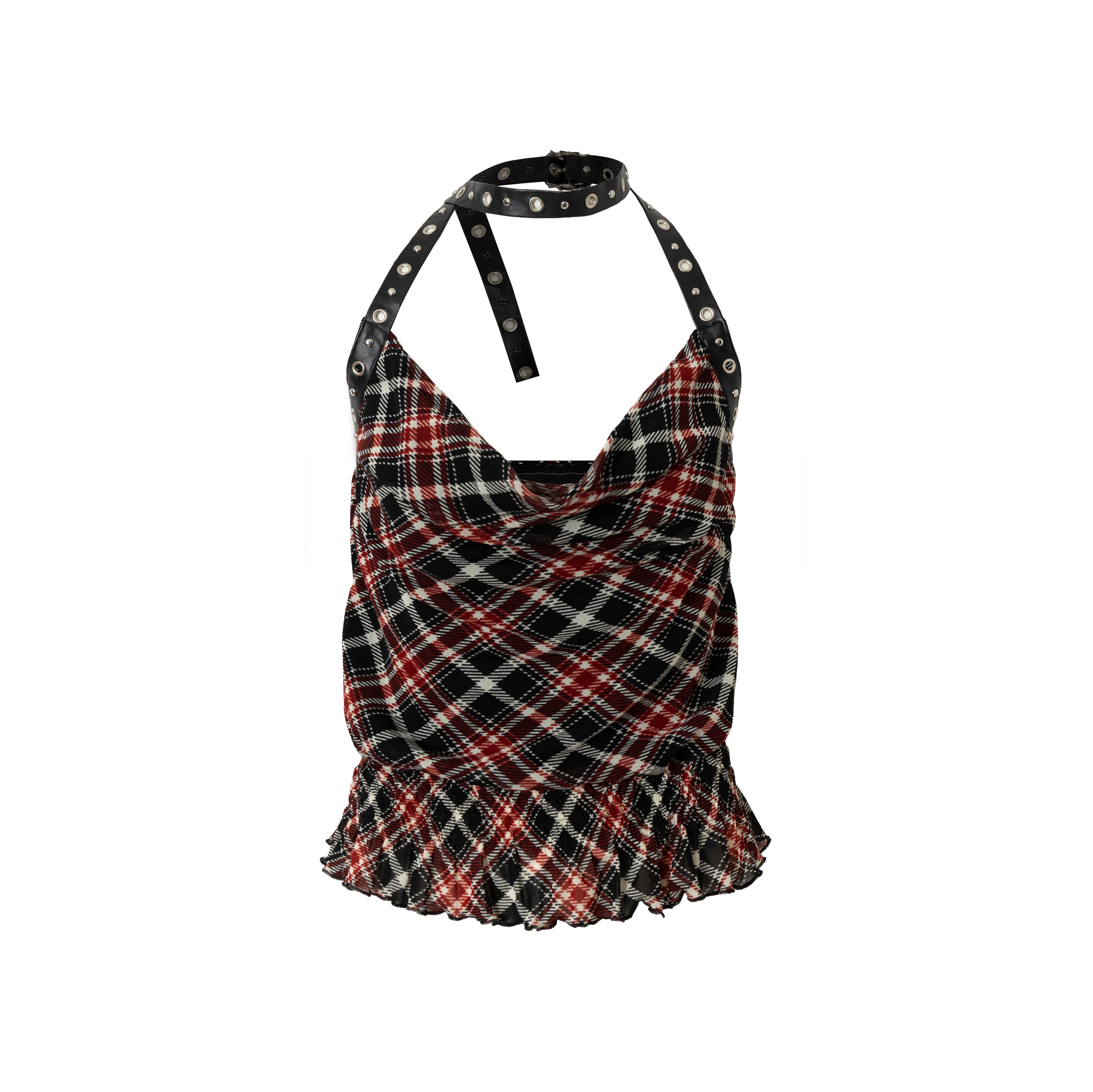 NO ROMANCE Vintage Plaid Mesh Halter Top Slim Fit Blouse