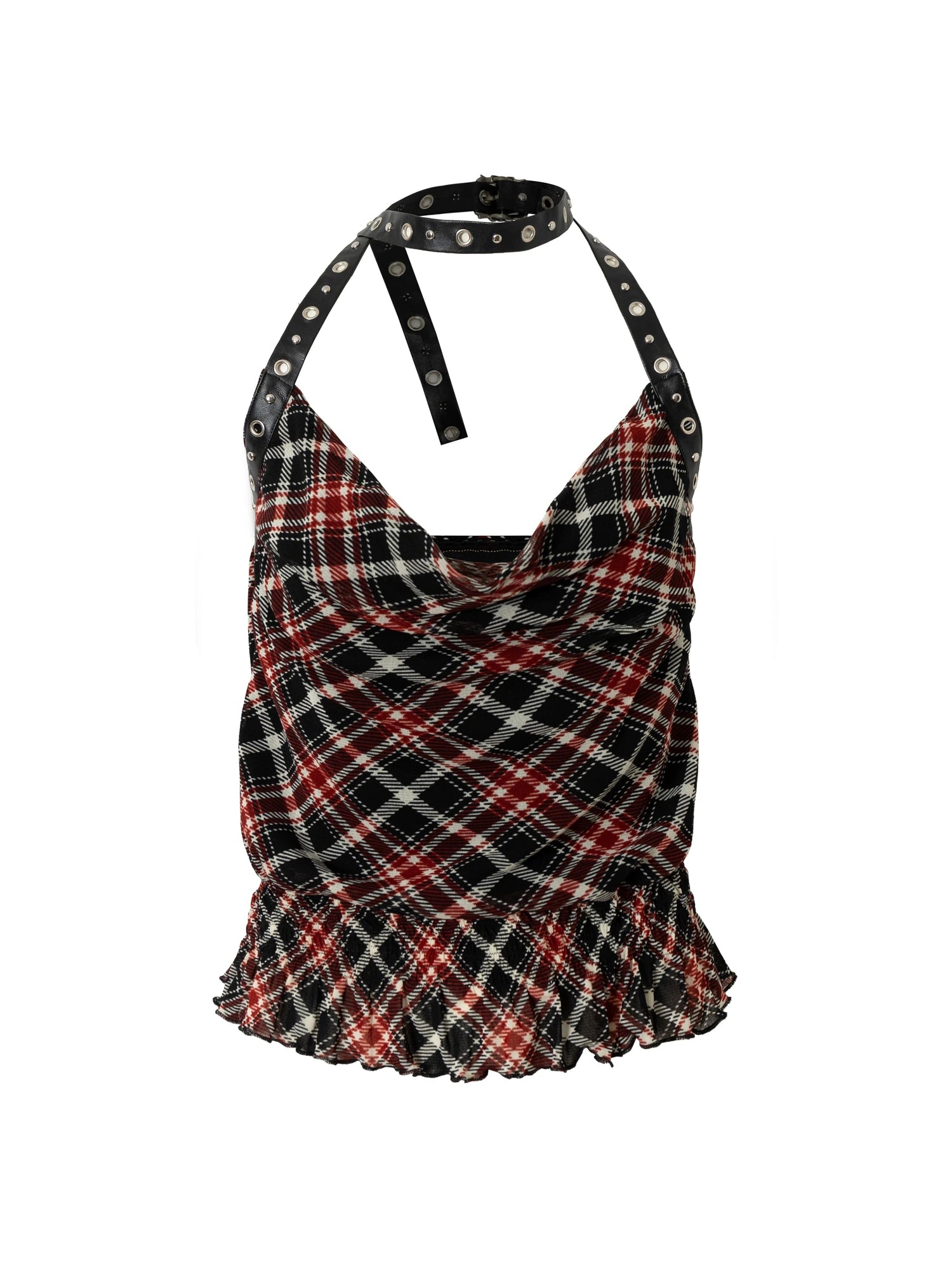 Vintage Plaid Mesh Halter Top Slim Fit Blouse
