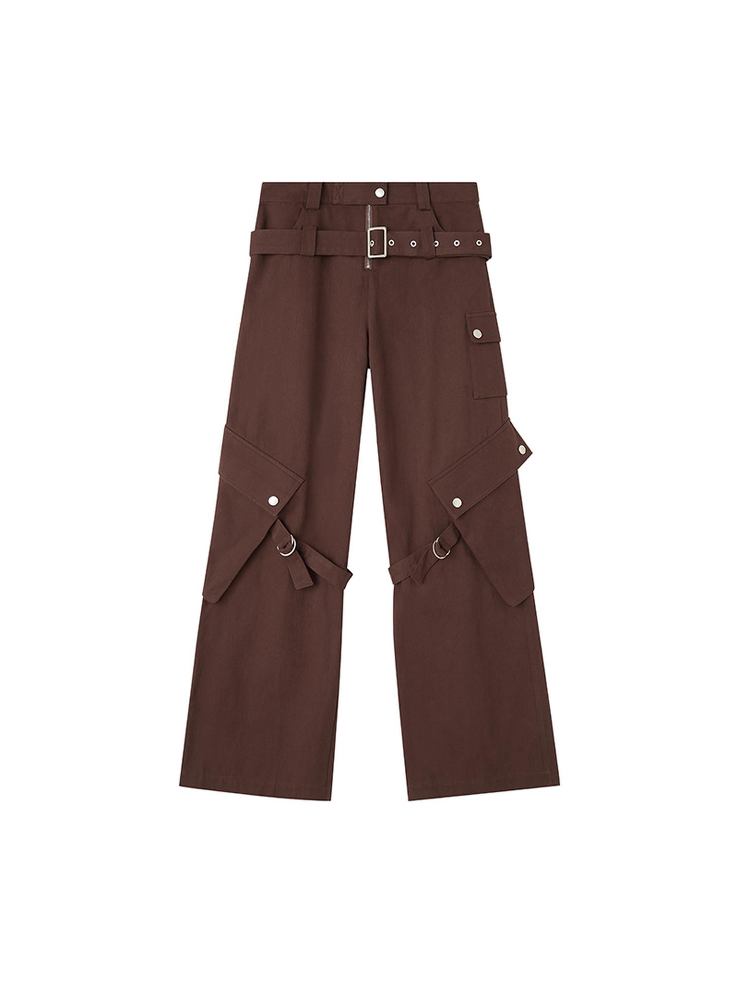 DIDDI MODA Double Belt Utility Cargo Pants Loose Straight Leg Tactical Trousers