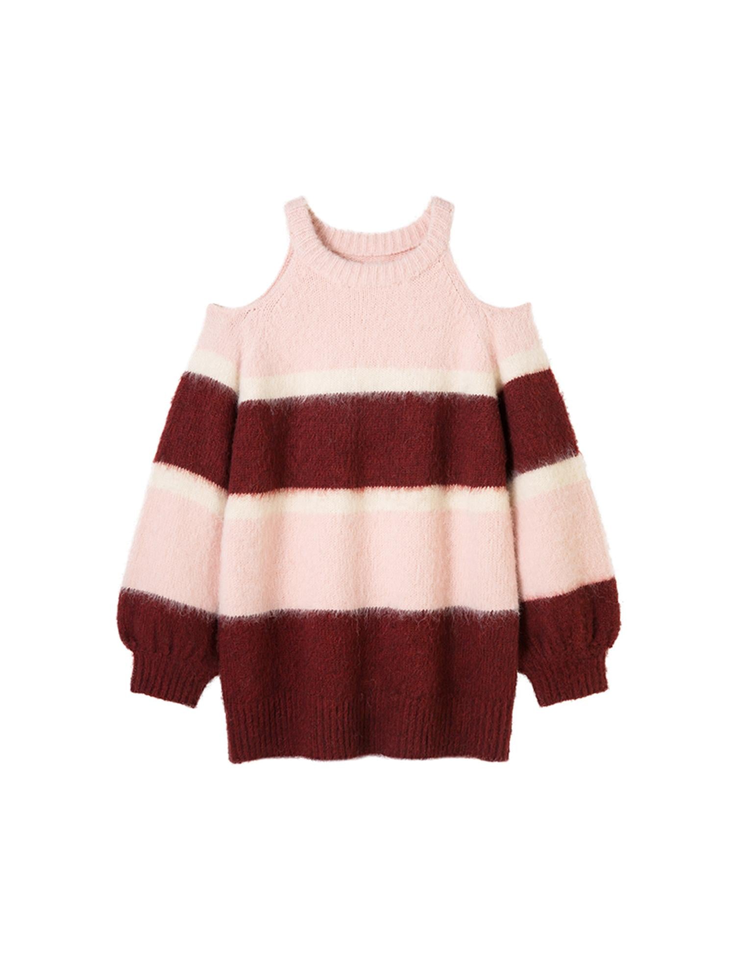DIDDI MODA Soft Striped Knit Sweater With Colorblock Shoulder Cutout