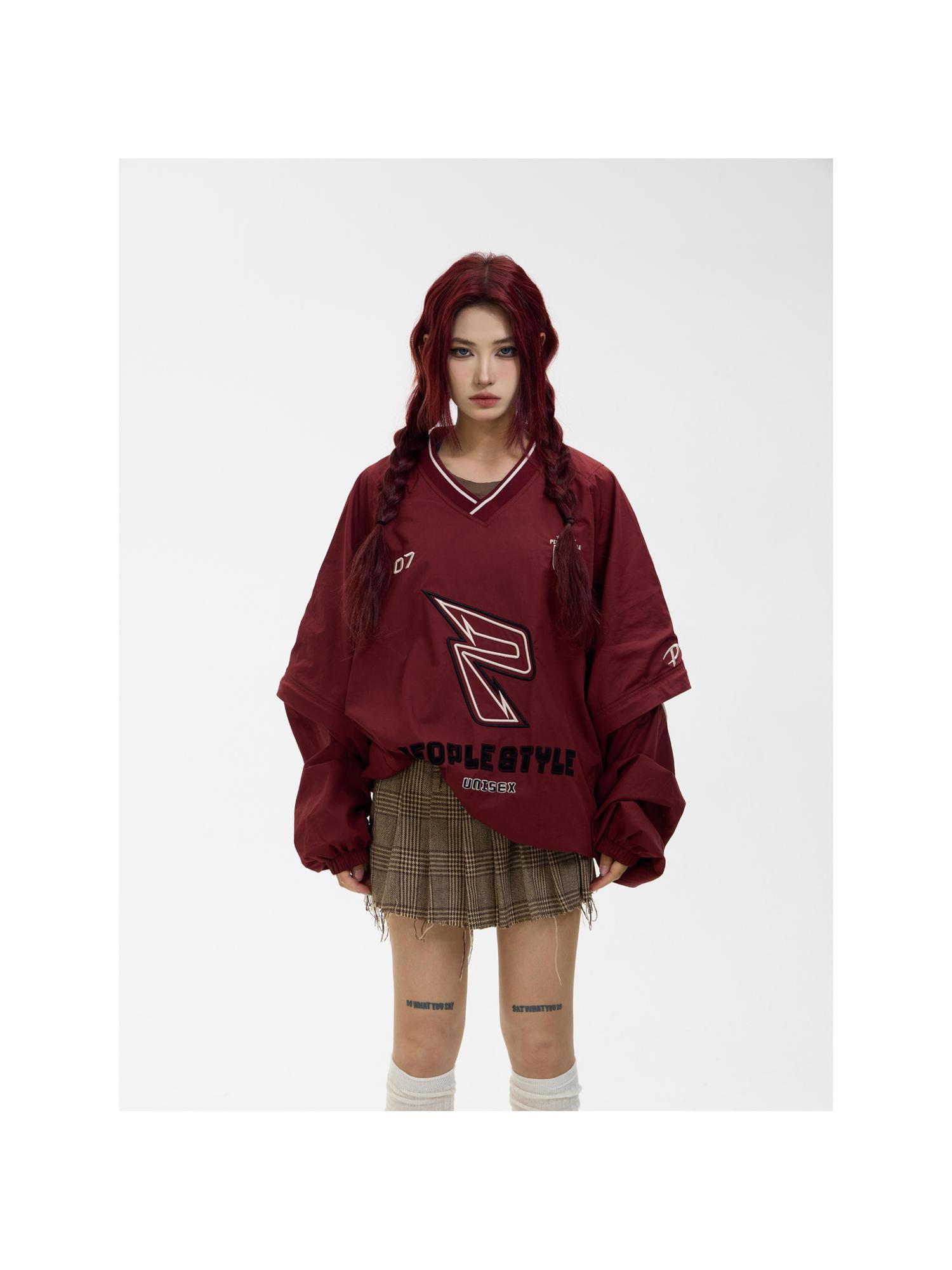 Peoplesense Retro Embroidered V Neck Red Sportswear Unisex Loose Fit Detachable Sleeves