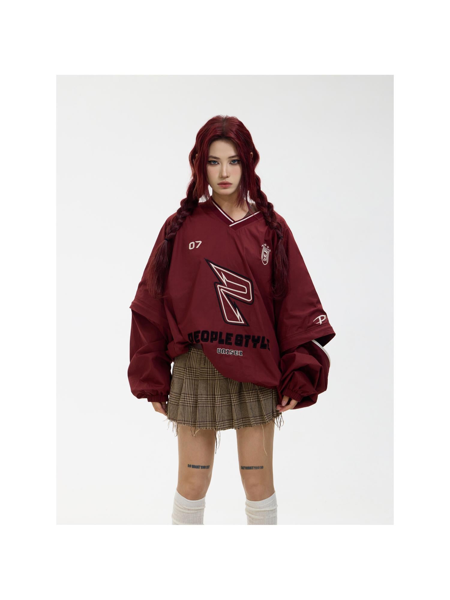 Peoplesense Retro Embroidered V Neck Red Sportswear Unisex Loose Fit Detachable Sleeves