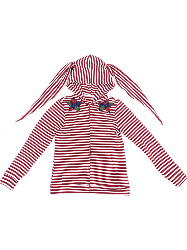 Cozy Bunny Ears Hoodie Red Grey Stripes Pajama Set