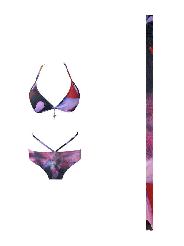 Printed 4-Piece Swim Set with Scarf & Skirt