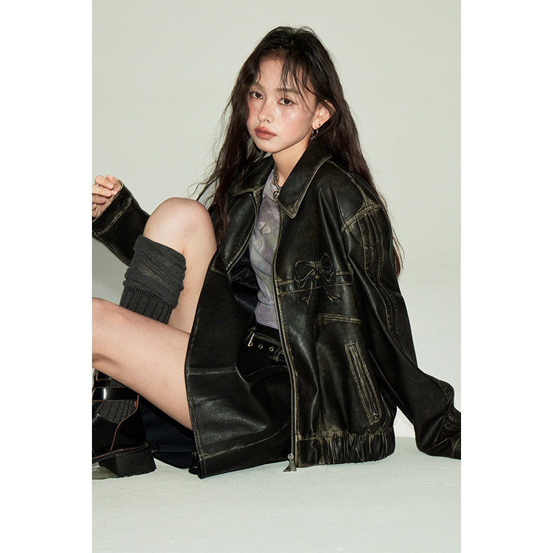 DIDDI MODA Sweet Crush Bow Vintage Pu Jacket