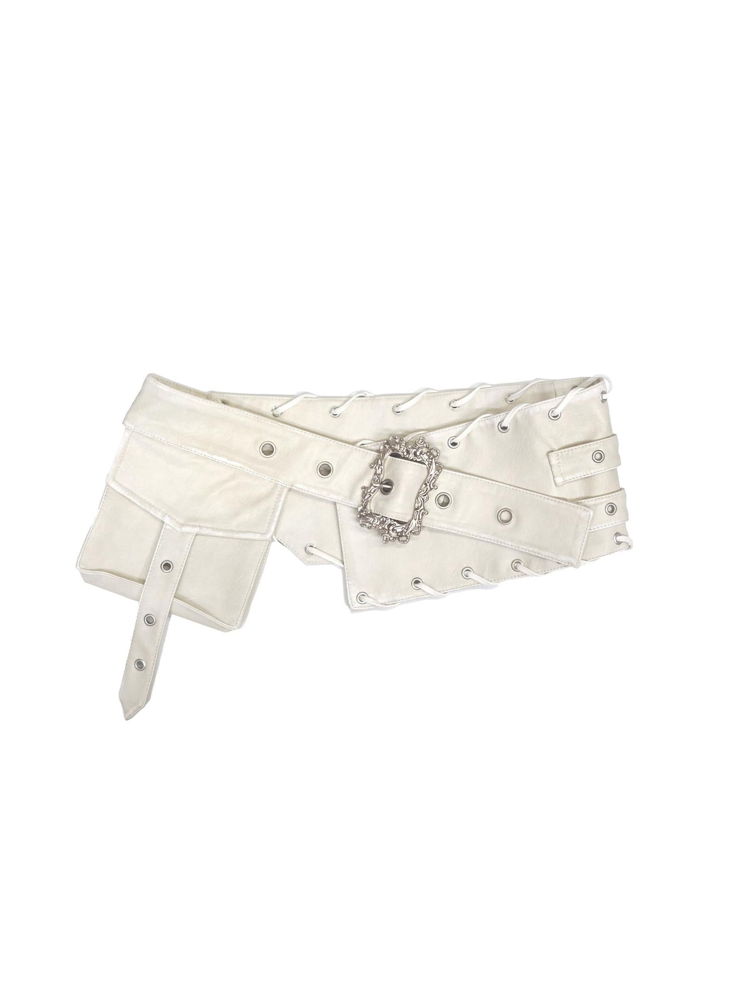 Cest Nous Vintage Engraved Buckle Leather Waist Belt With Pockets