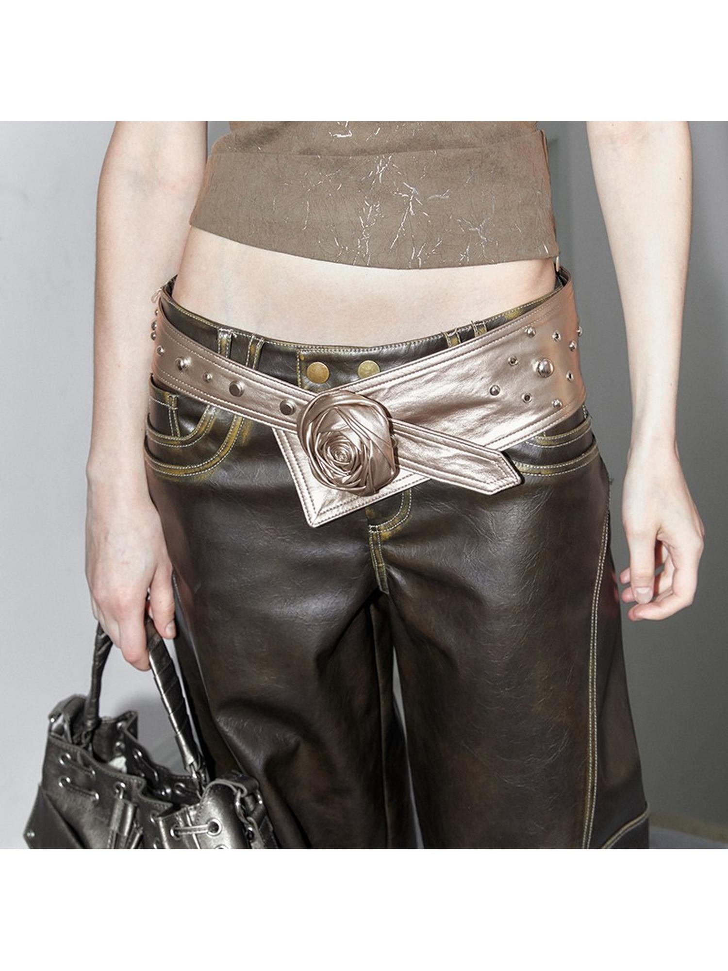 2th Desire Y2K Silver Wide Belt With Rose Design & Studs Waistband