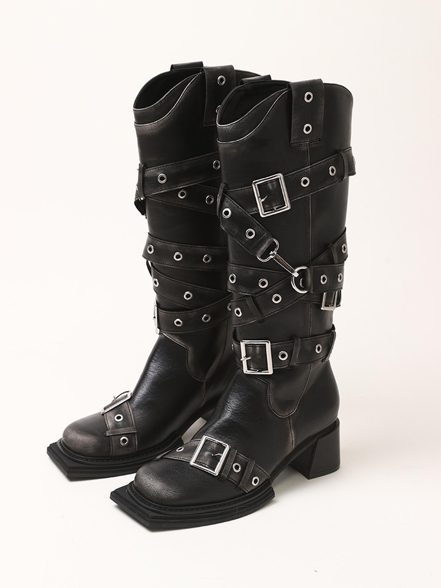 2th Desire Vintage Black Brown Chunky Heel Knee High Boots Women Shoes