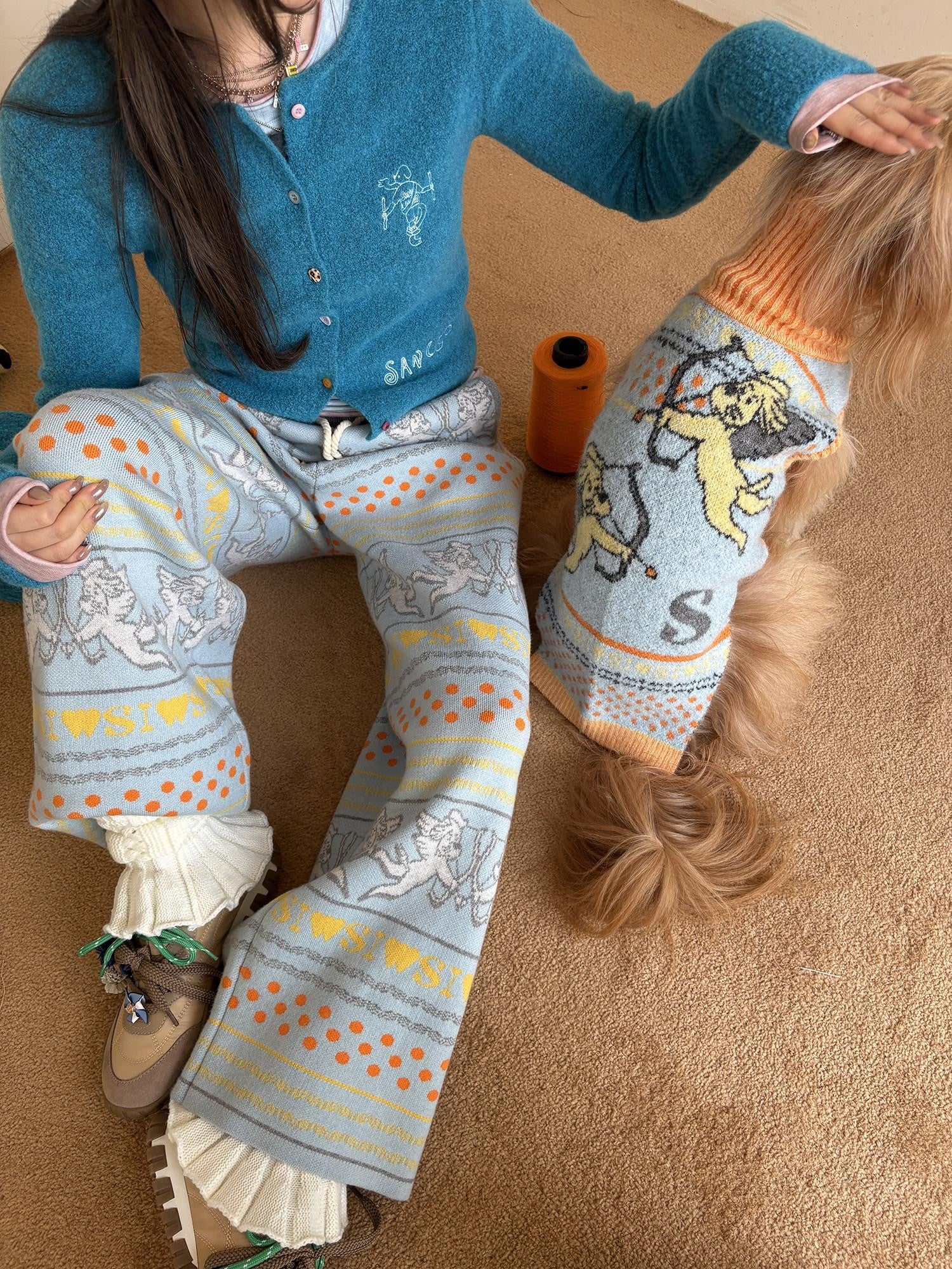 sancco house Angel Dog Striped Knit Women&