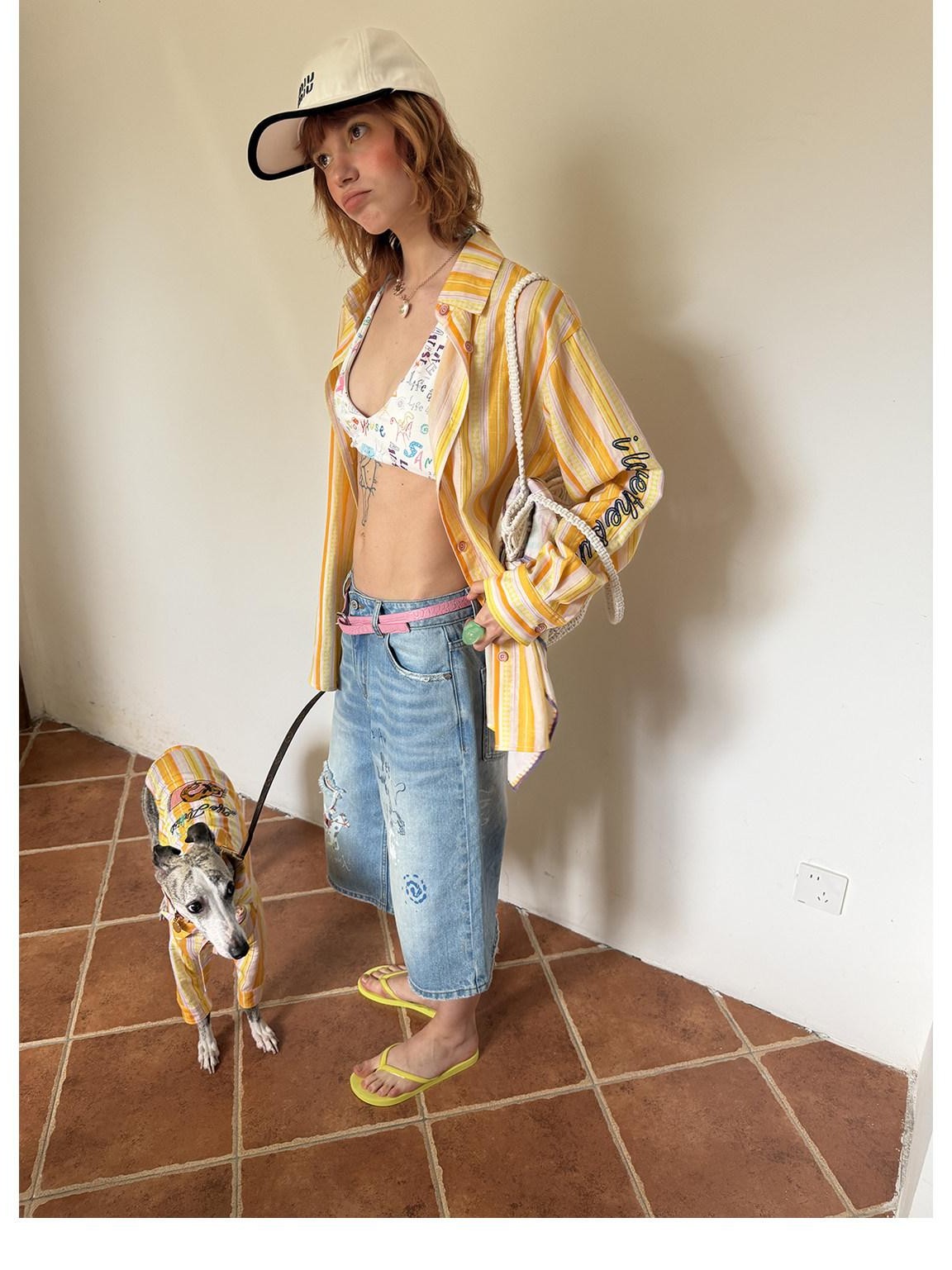 sancco house Beach Striped Dog Embroidery Women&