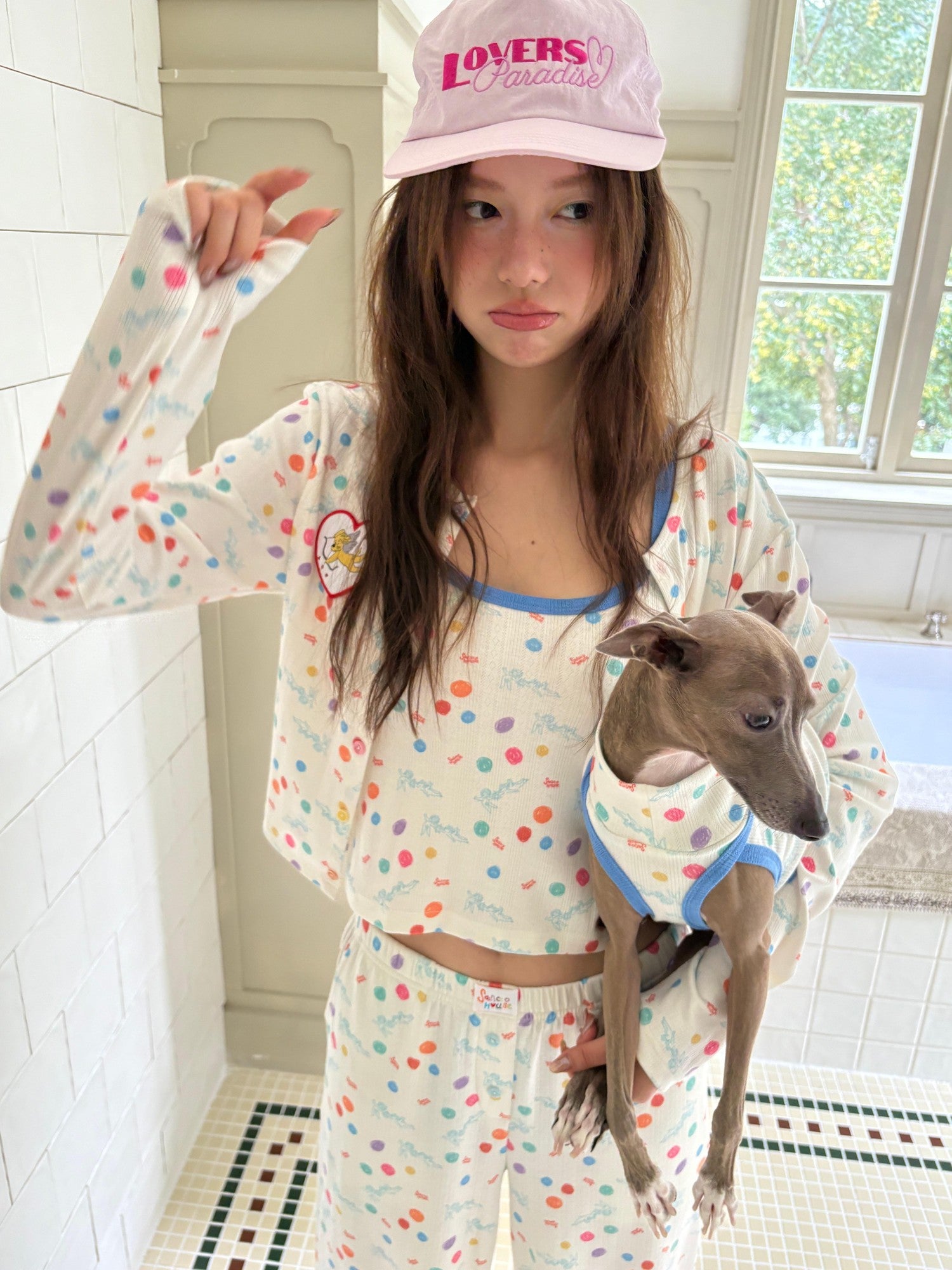 sancco house Beige Angel Puppy Colorful Polka Dot Print Women&