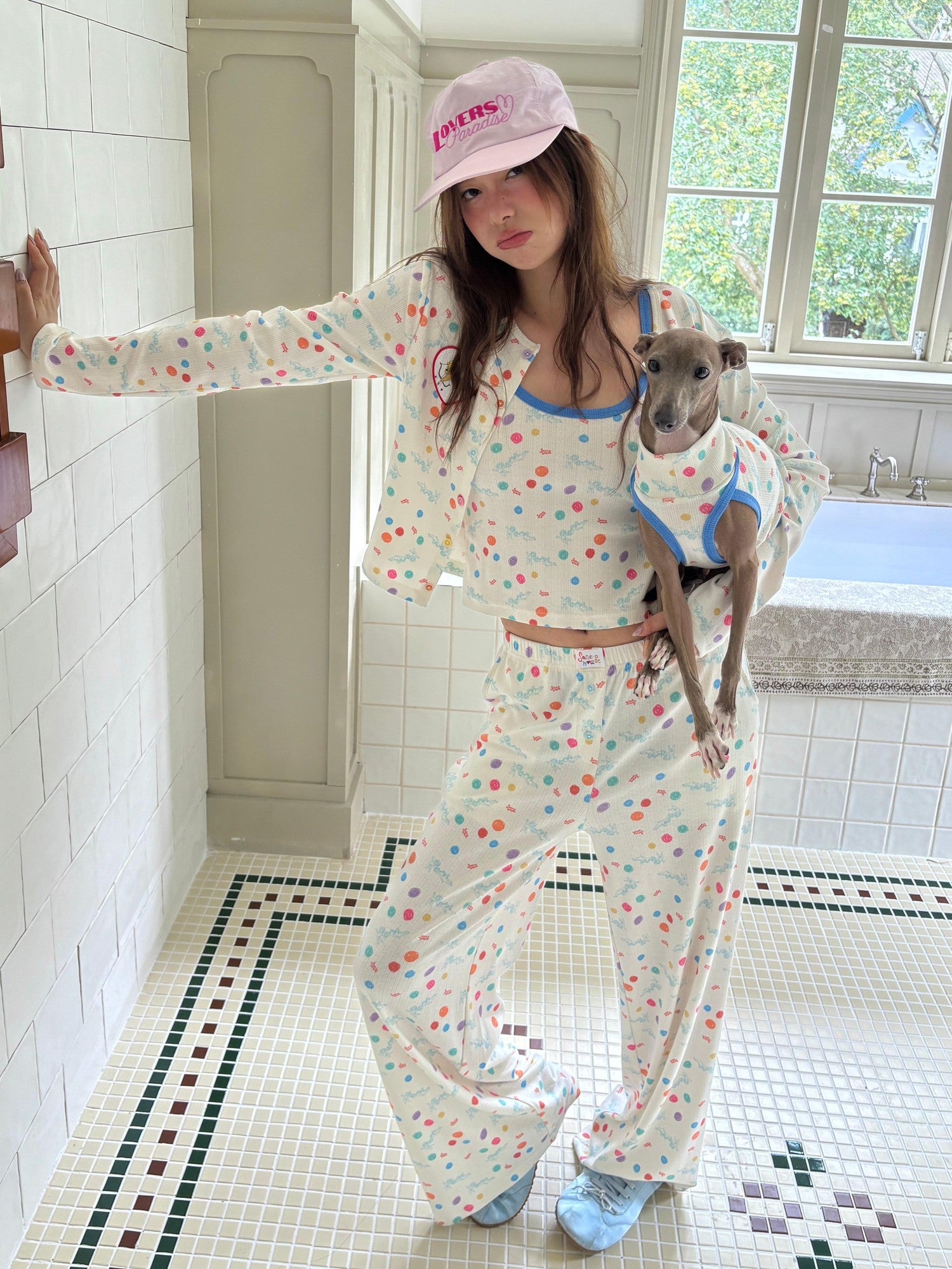 sancco house Beige Polka Dot Angel Puppy Buttoned Crewneck Women&