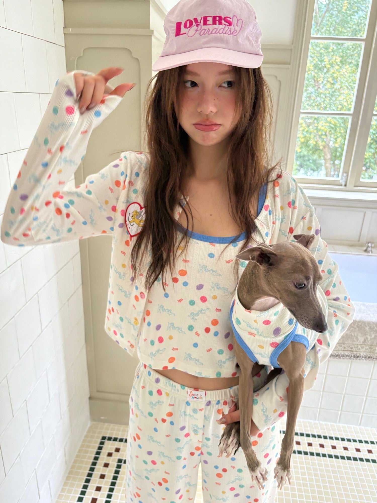 sancco house Beige Polka Dot Angel Puppy Buttoned Crewneck Women&