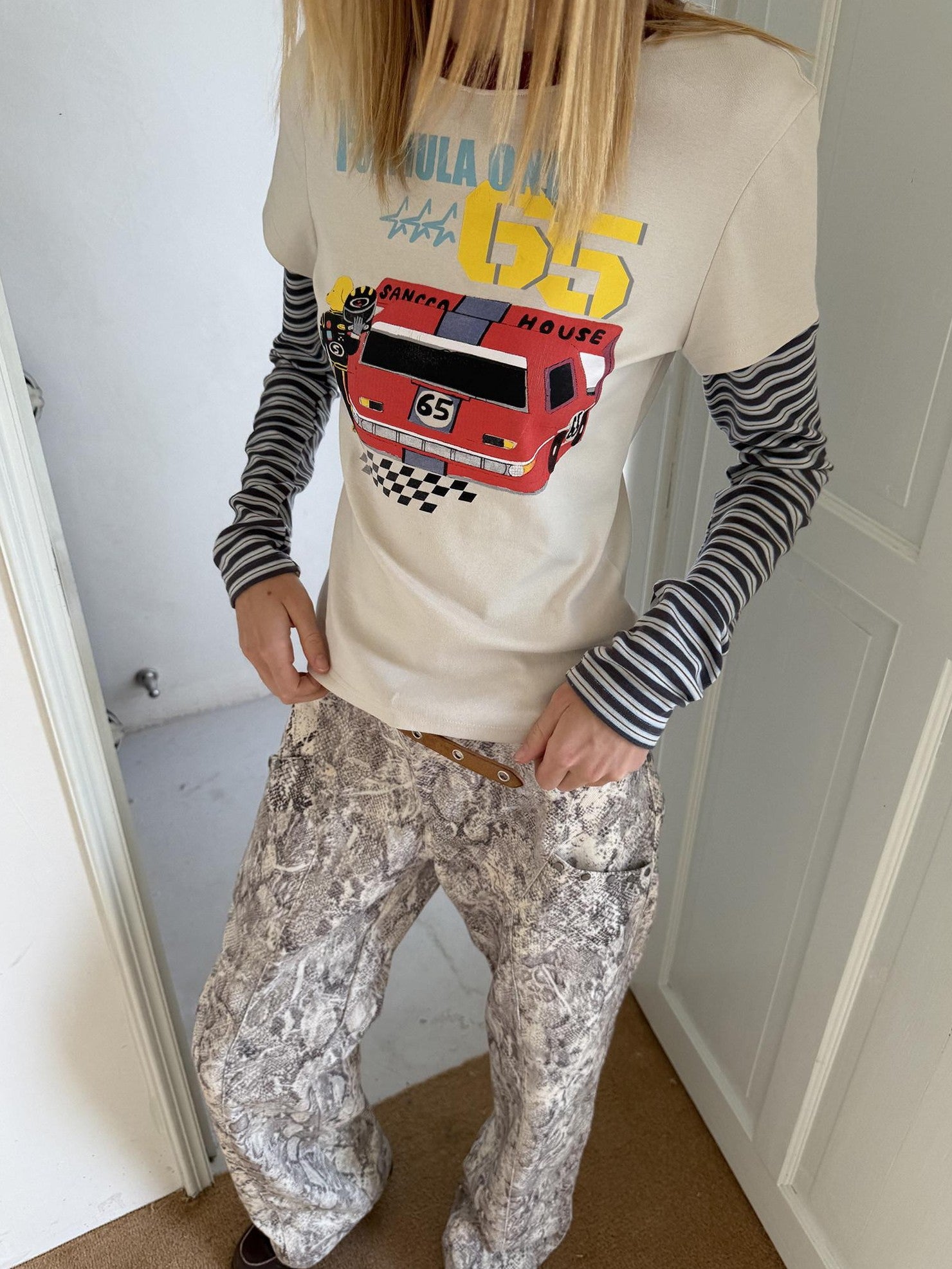 sancco house Beige Racing Dog Print Faux Layered Crewneck Women&