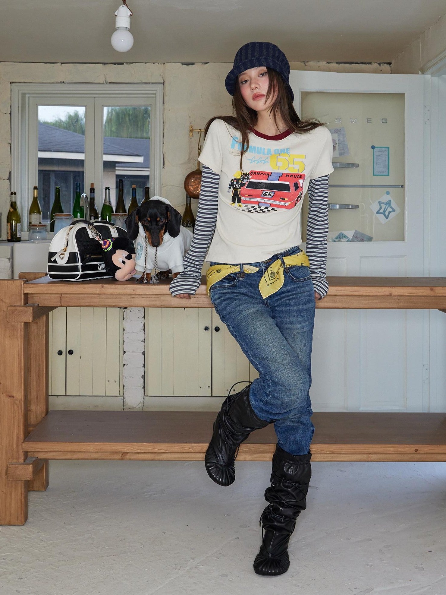 sancco house Beige Racing Dog Print Faux Layered Crewneck Women&