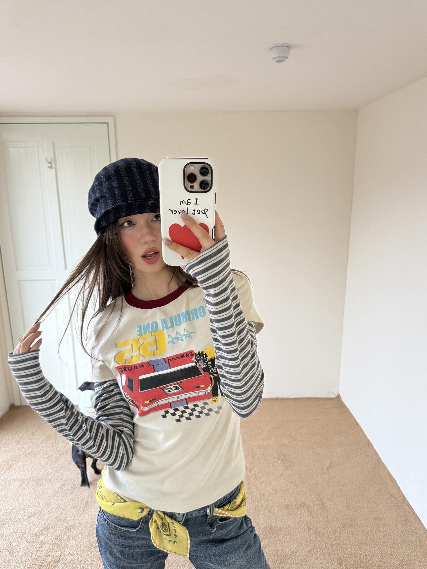 sancco house Beige Racing Dog Print Faux Layered Crewneck Women&