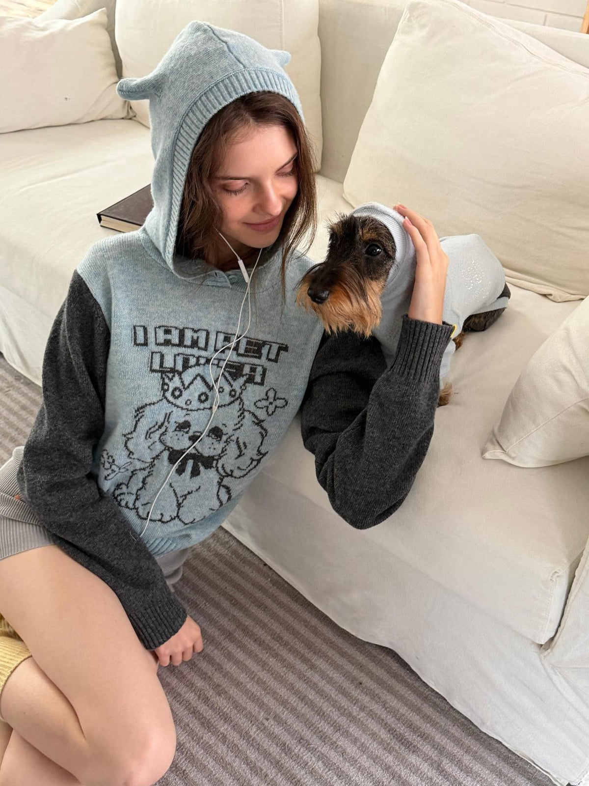 sancco house Blue Devil Horn Dog Jacquard Hooded Women&