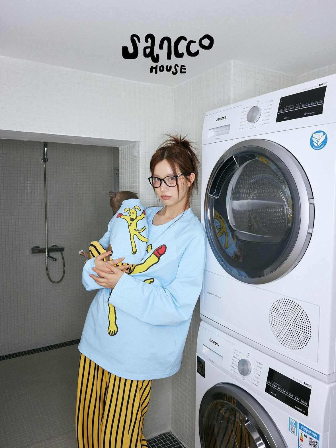 sancco house Boxing Puppy Print Colorblock Striped Women&