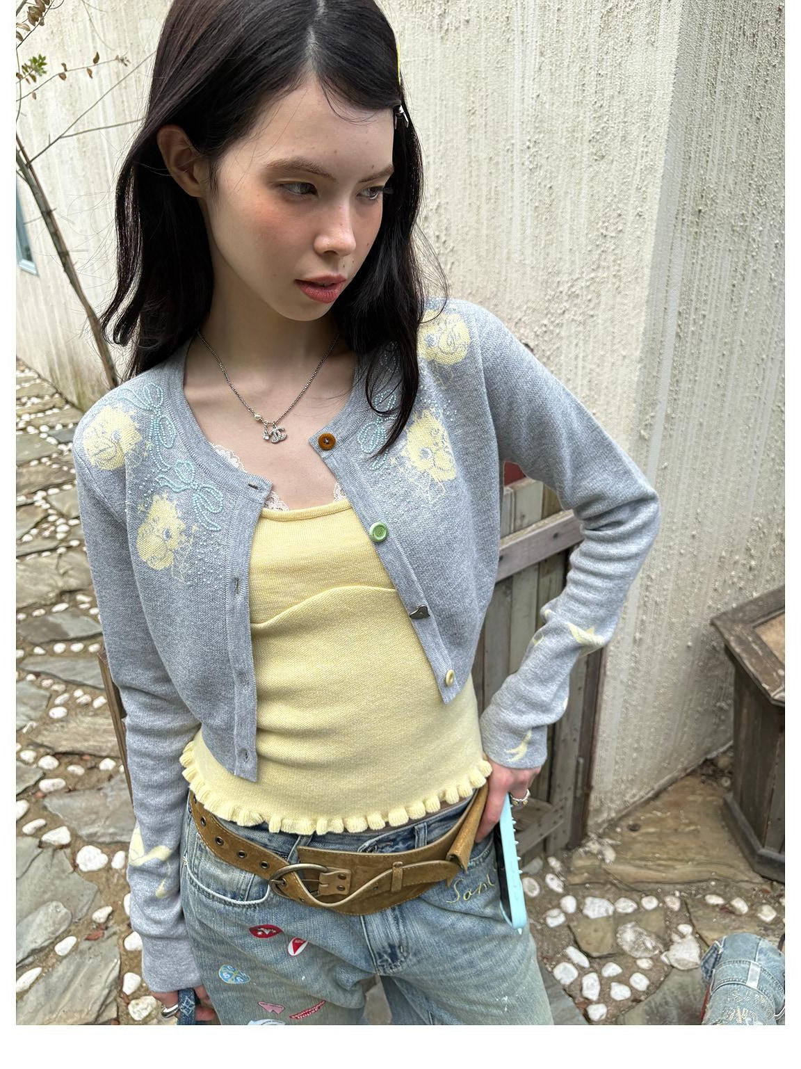 sancco house Cat Jacquard Colorful Wool Blend Cardigan Camisole Skirt Bow Women&