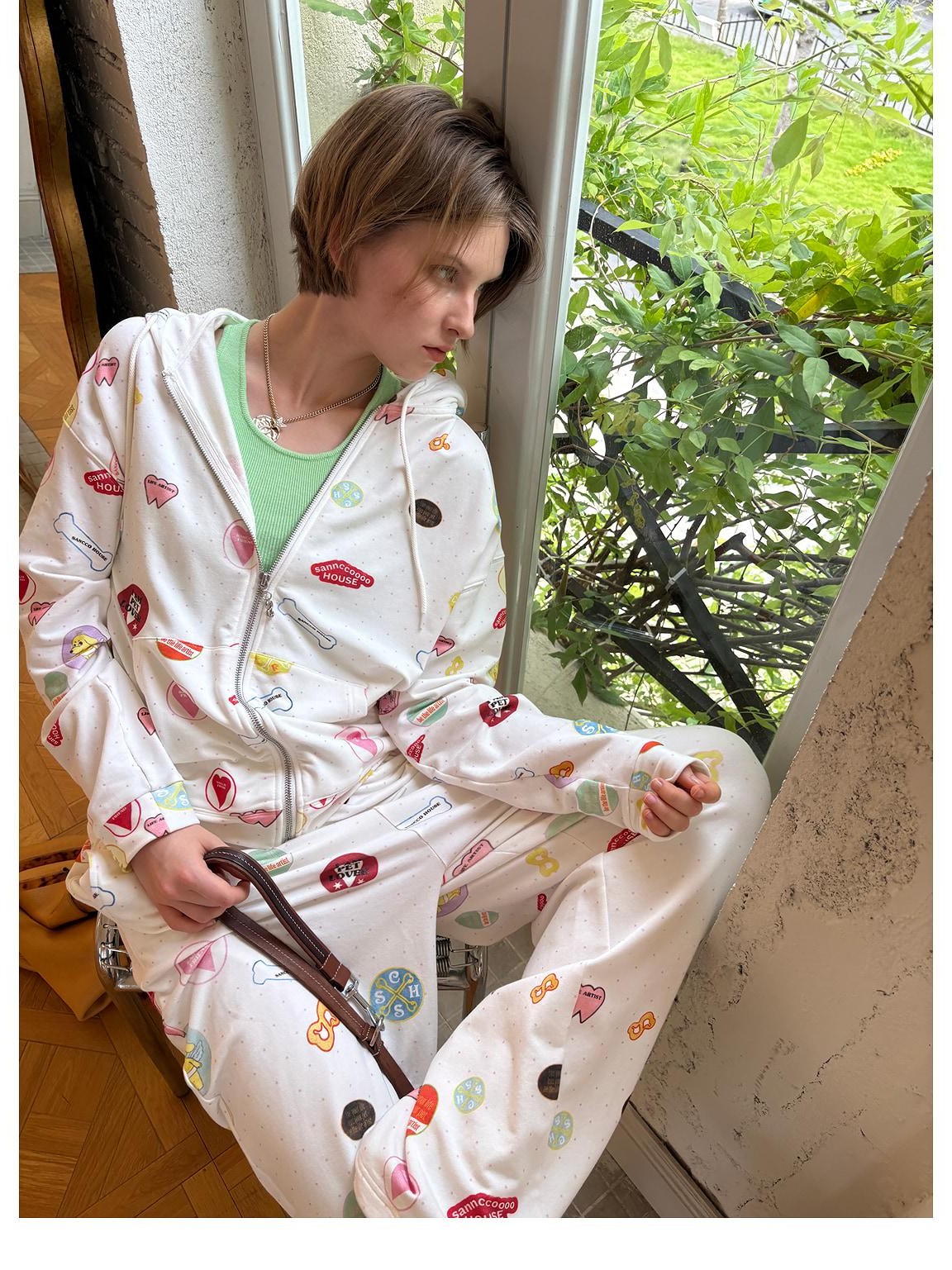 sancco house Colorful Badge Print Hooded Zip Loose Women&