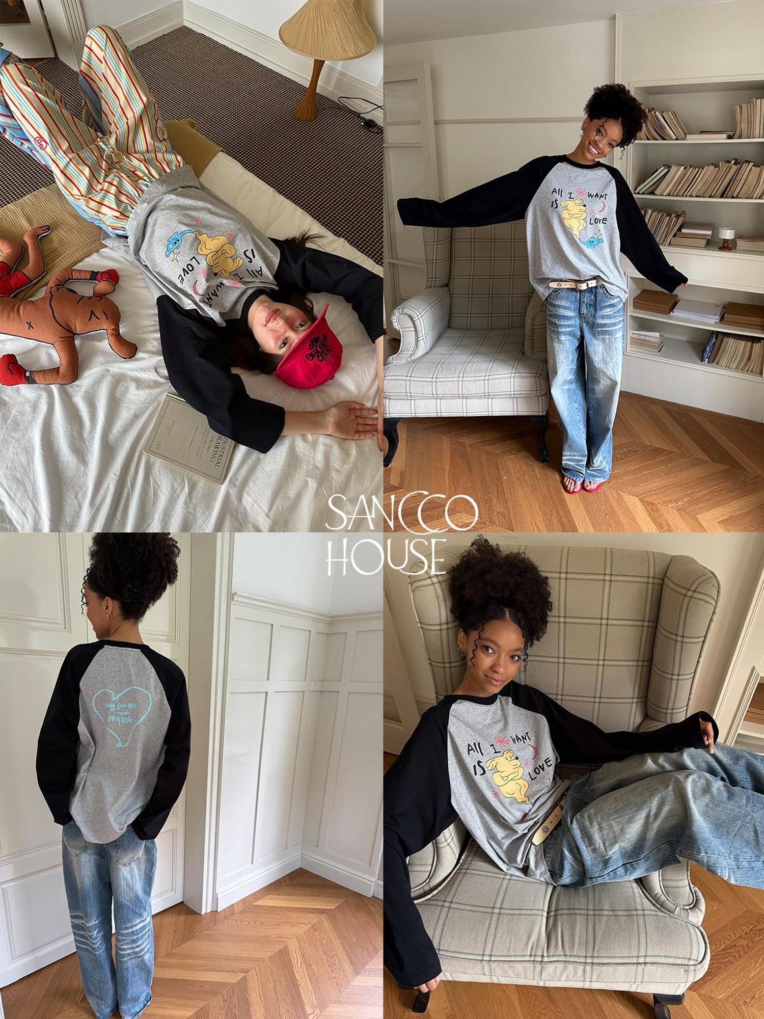 sancco house Cute Dog Playful Print Raglan Women&
