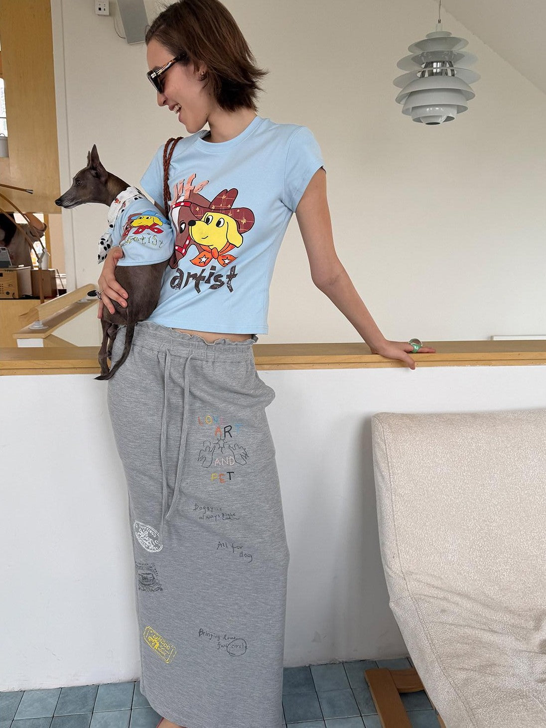 sancco house Denim Puppy Illustration Print Crop Crew Neck Women&