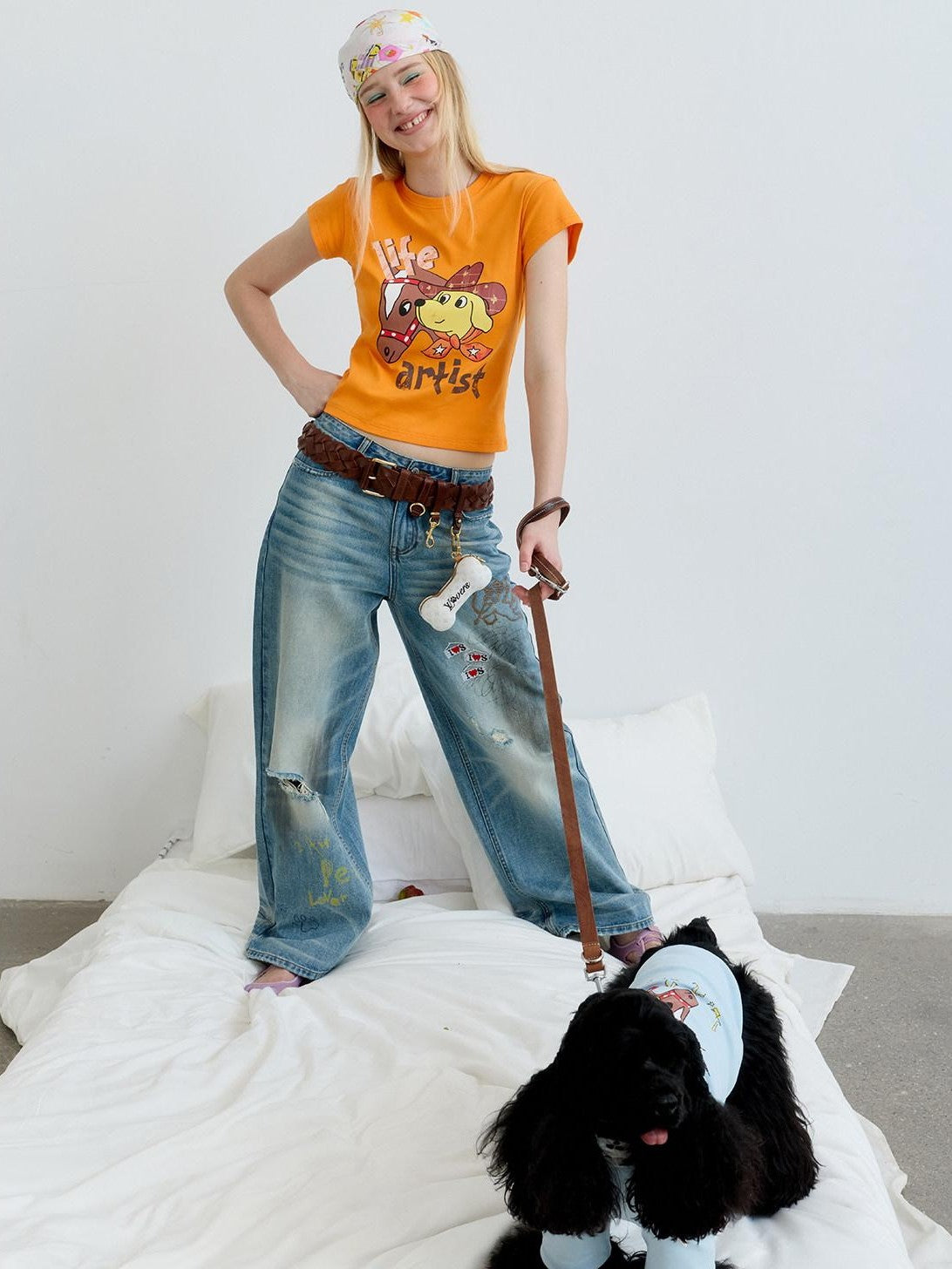 sancco house Denim Puppy Illustration Print Crop Crew Neck Women&
