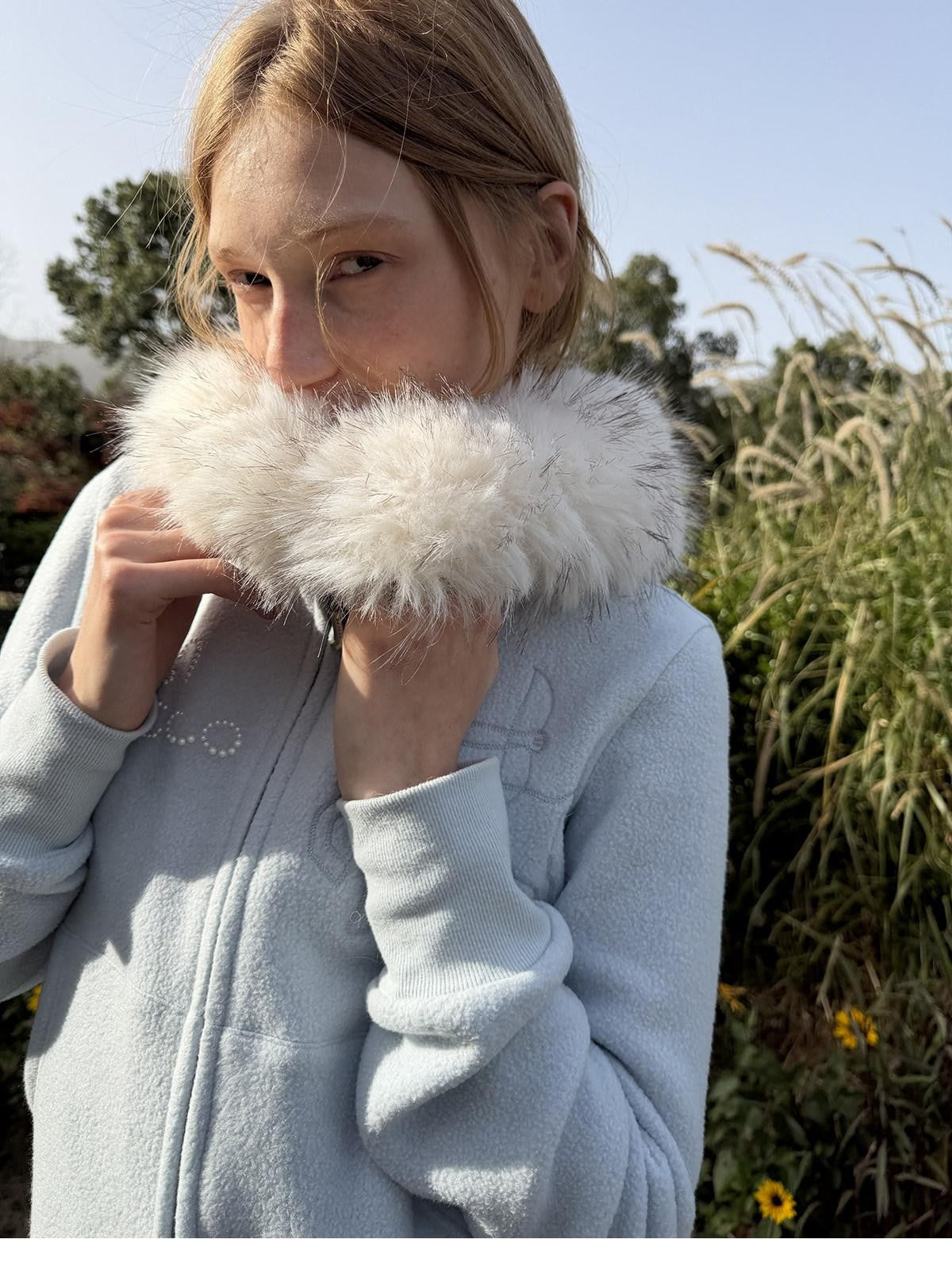 sancco house Detachable Fur Collar Hooded Reversible Fleece Women&