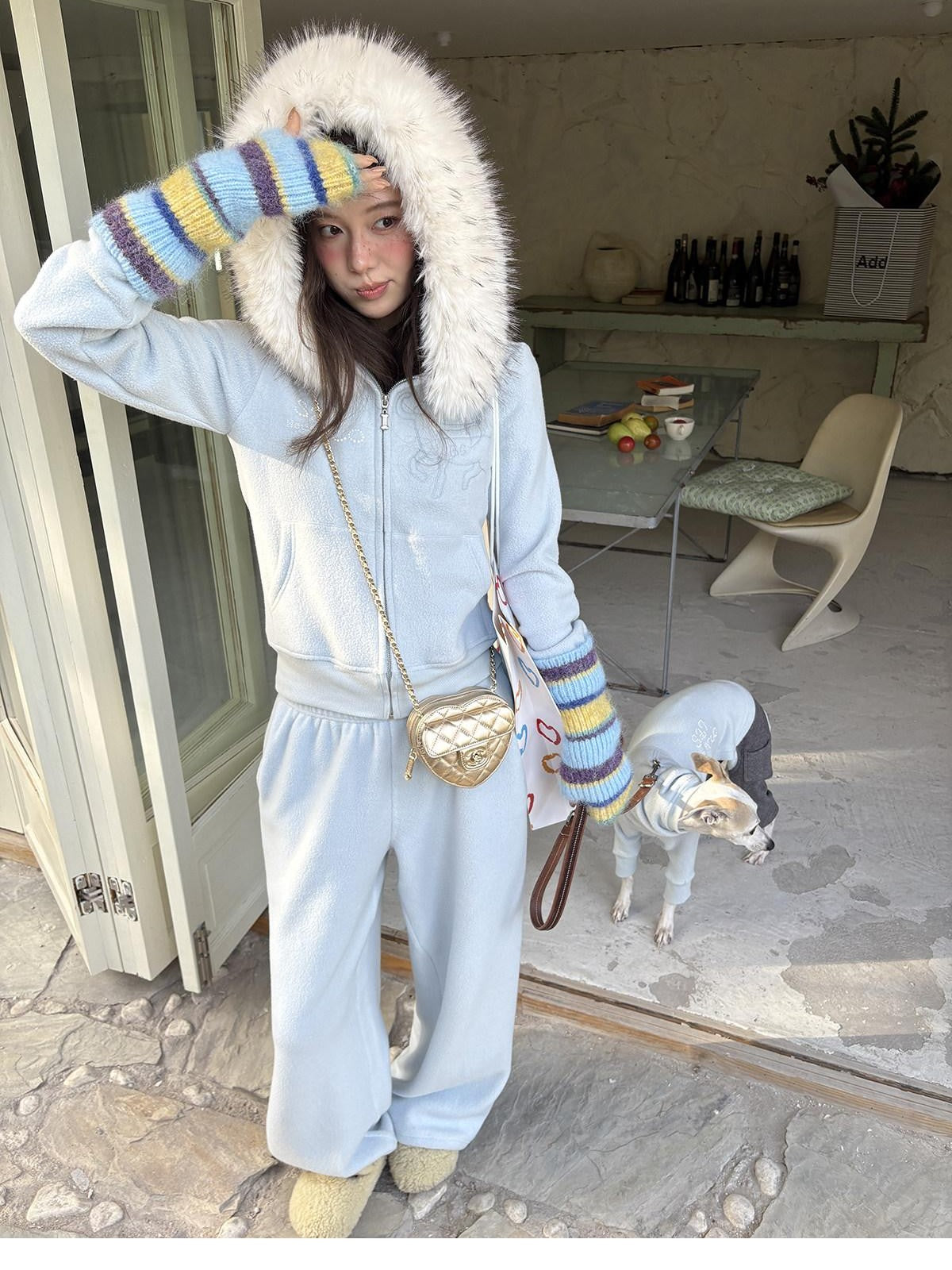 sancco house Detachable Fur Collar Hooded Reversible Fleece Women&