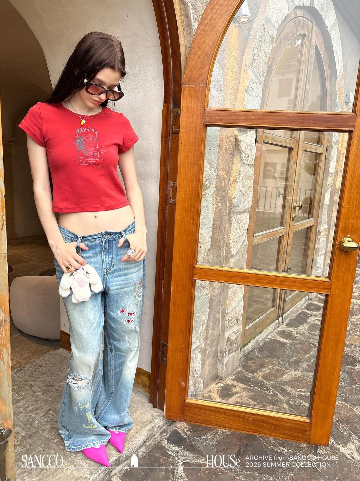 sancco house Dog Letter Print Round Neck Short Sleeve Women&