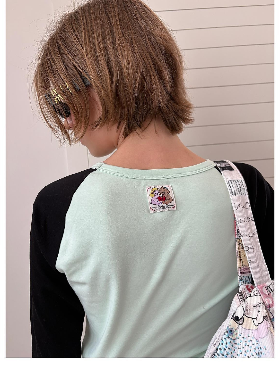 sancco house Dog Print Colorblock Raglan Three Quarter Sleeve Slim Fit Women&
