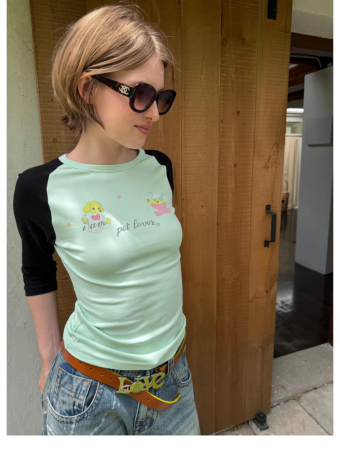 sancco house Dog Print Colorblock Raglan Three Quarter Sleeve Slim Fit Women&