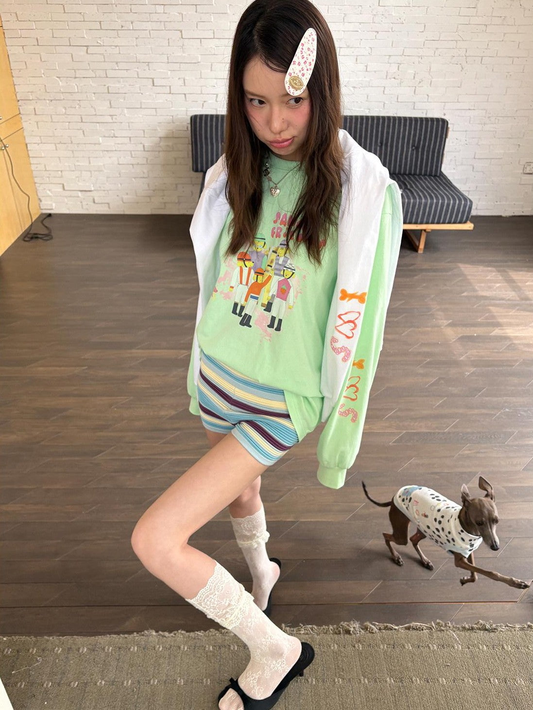 sancco house Green Printed Crewneck Loose Casual Women&