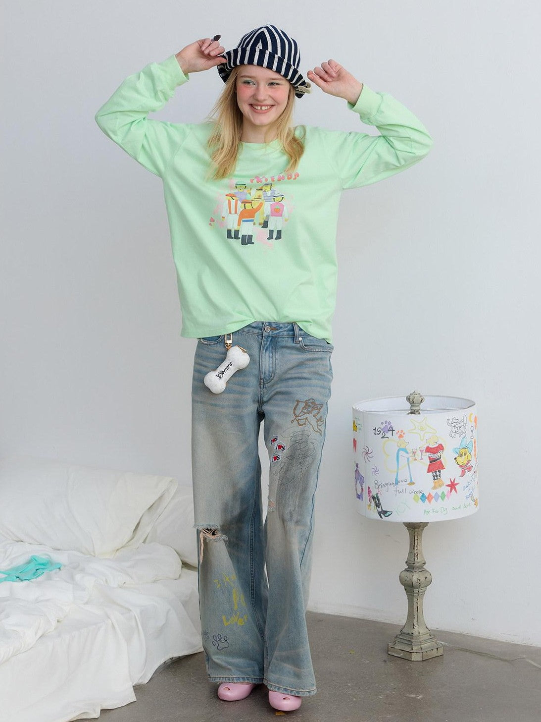 sancco house Green Printed Crewneck Loose Casual Women&