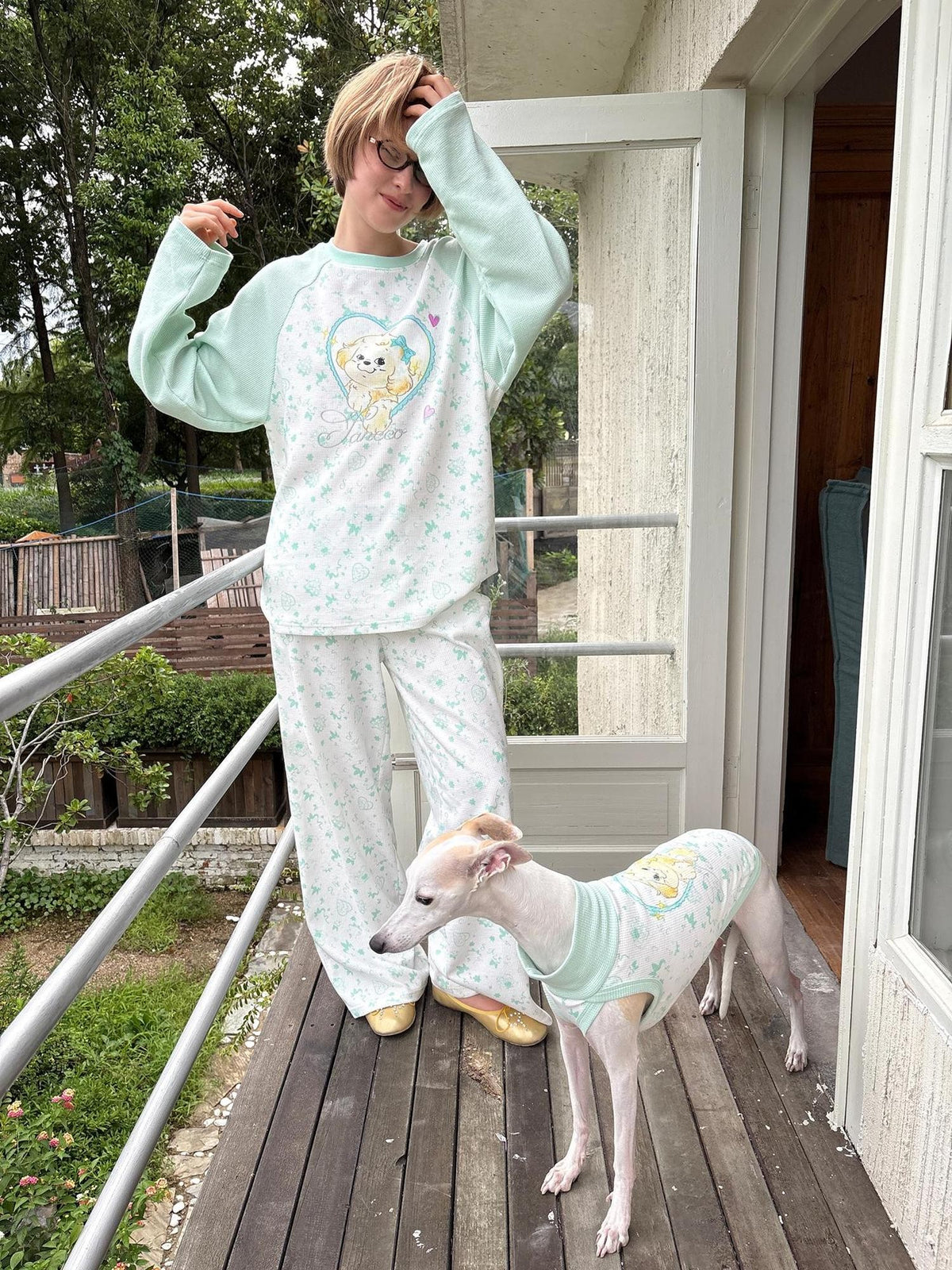 sancco house Heart Puppy Print Floral Splice Raglan Long Sleeve Women&