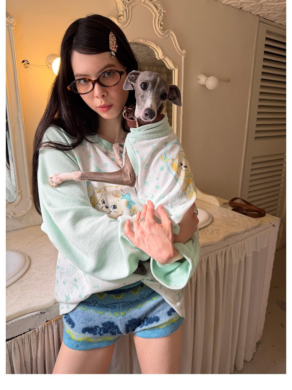 sancco house Heart Puppy Print Floral Splice Raglan Long Sleeve Women&
