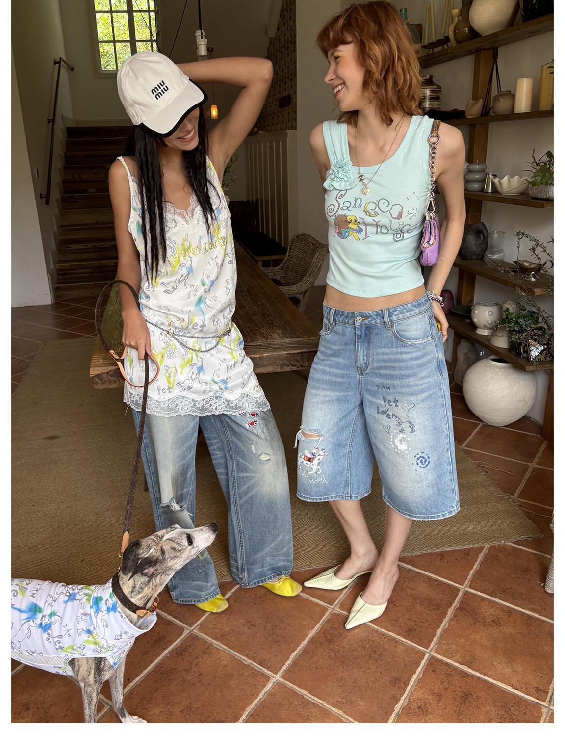 sancco house Light Blue Vintage Washed Graffiti Ripped Straight Women&