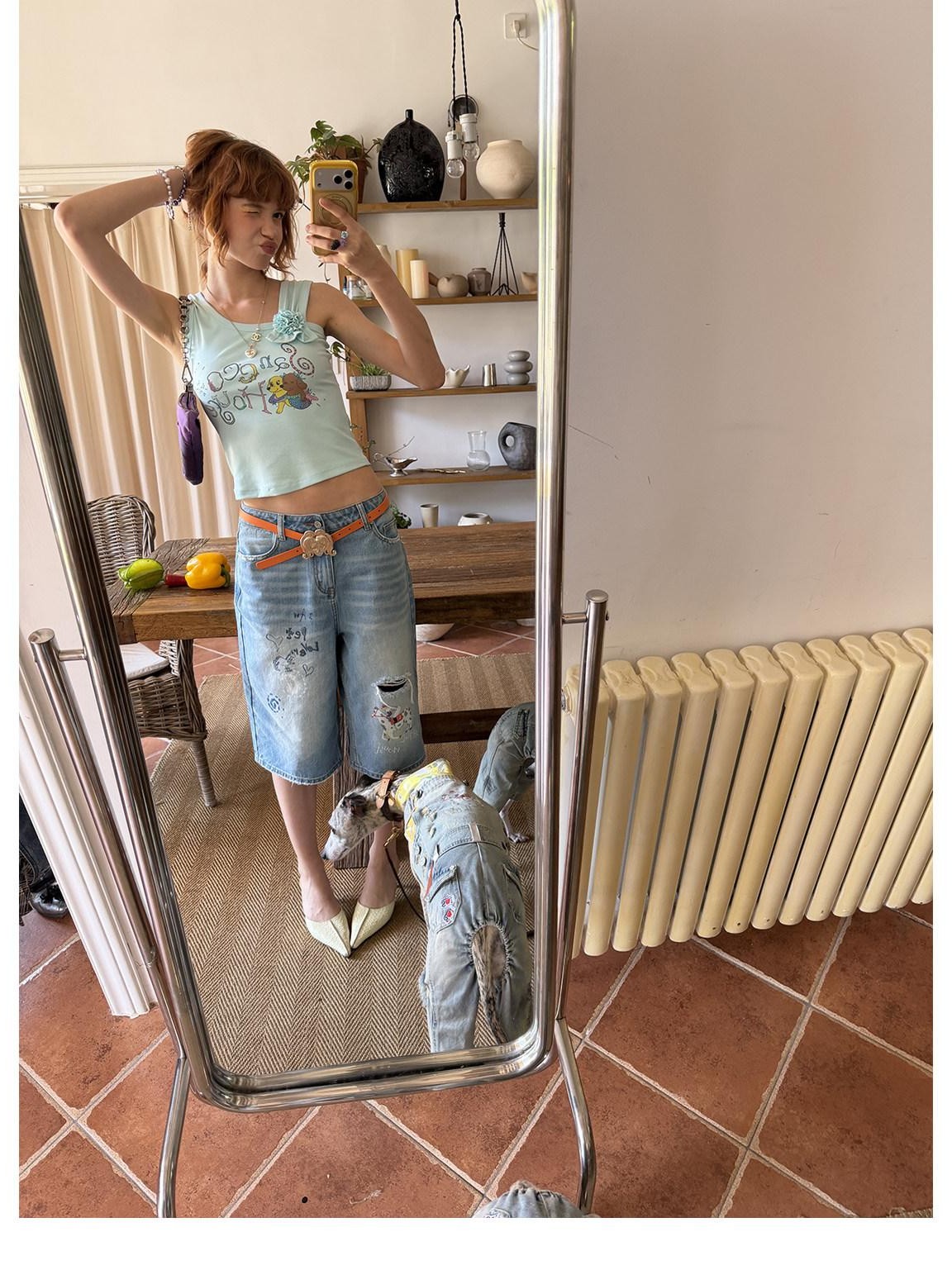 sancco house Light Blue Vintage Washed Graffiti Ripped Straight Women&