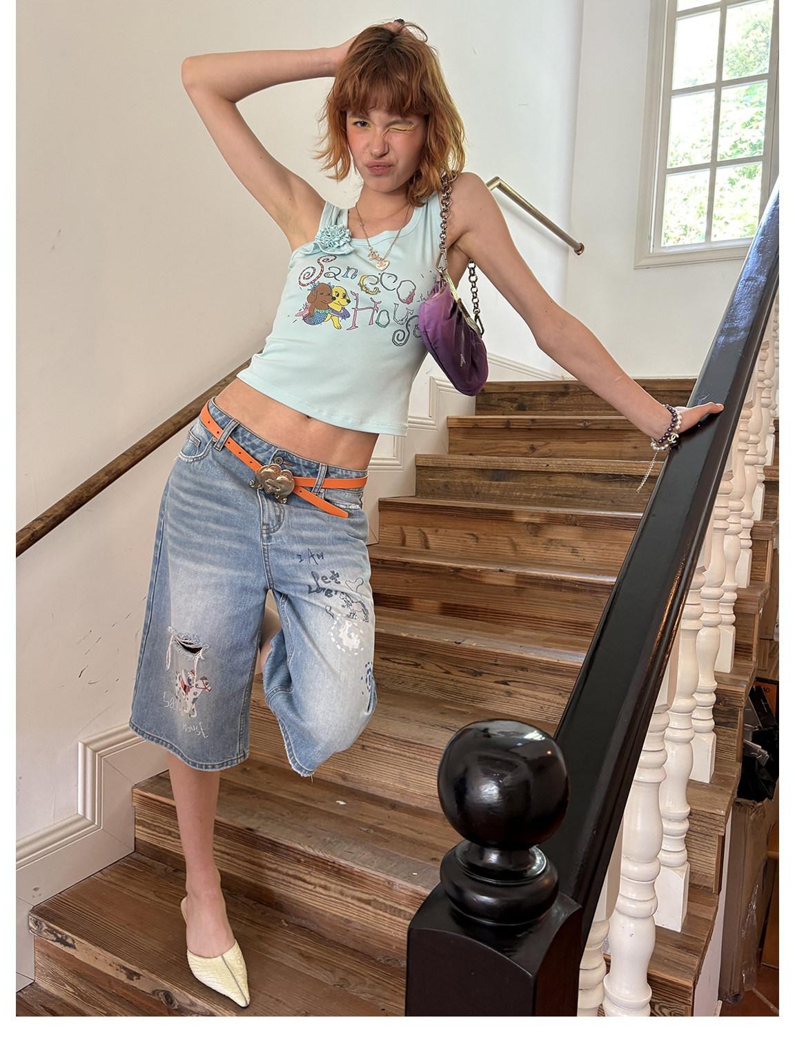 sancco house Light Blue Vintage Washed Graffiti Ripped Straight Women&