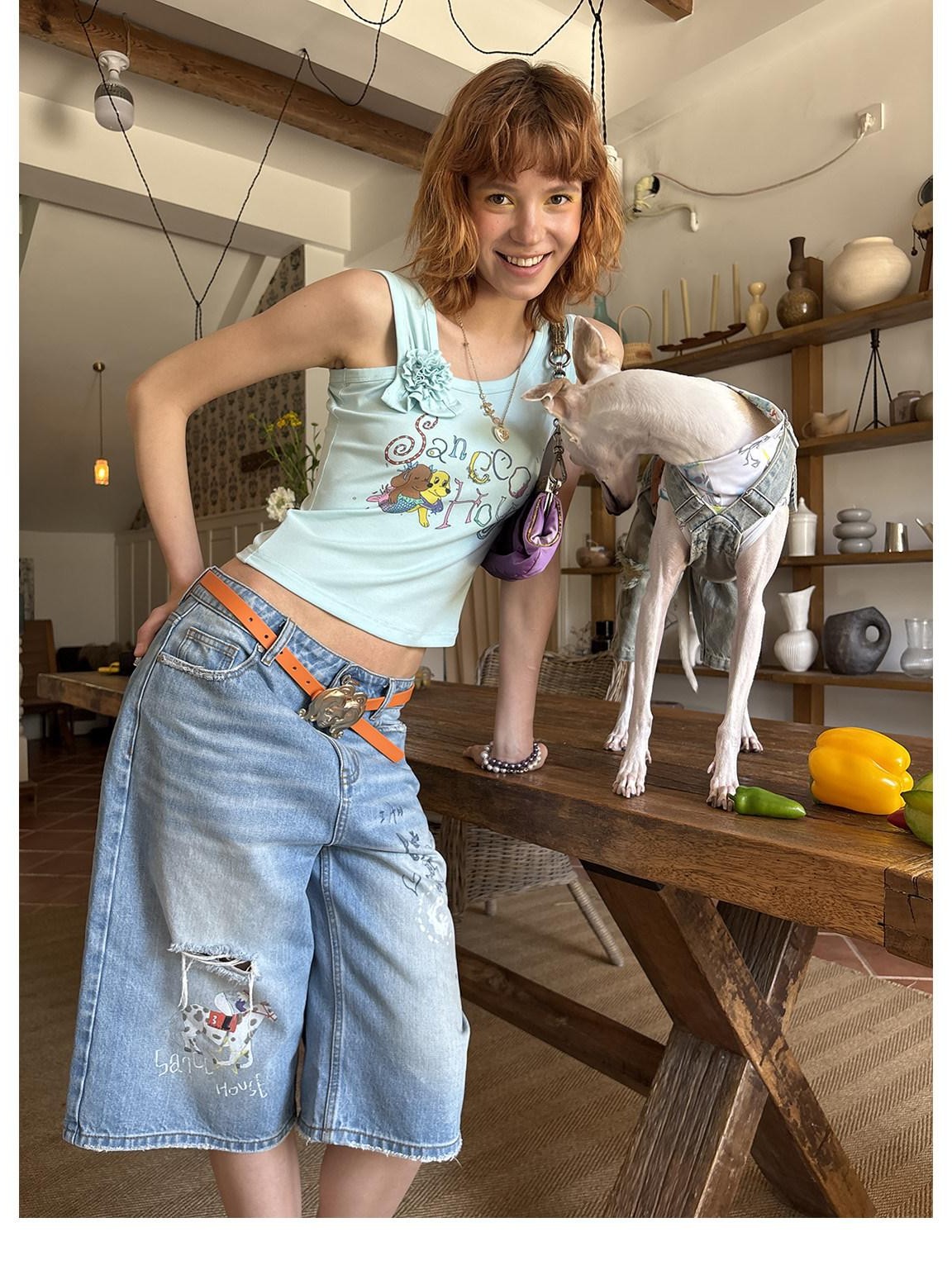 sancco house Light Blue Vintage Washed Graffiti Ripped Straight Women&