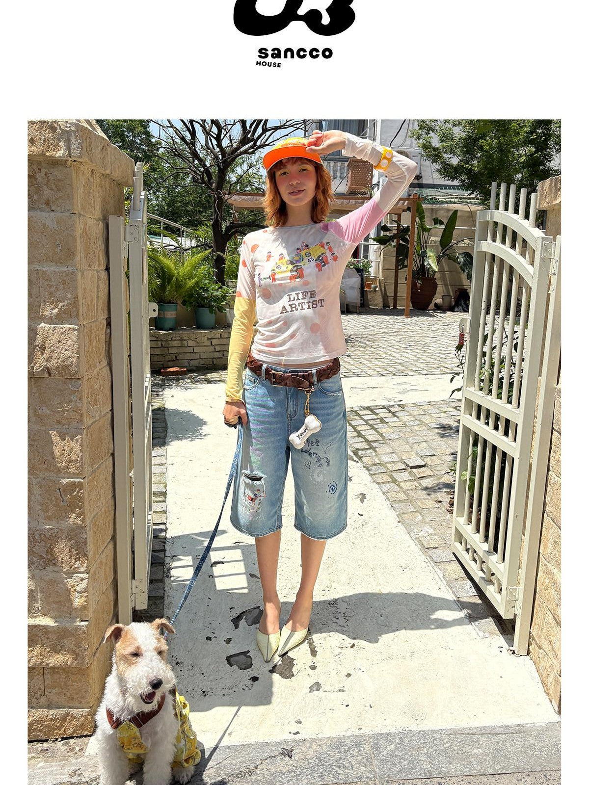 sancco house Light Blue Vintage Washed Graffiti Ripped Straight Women&