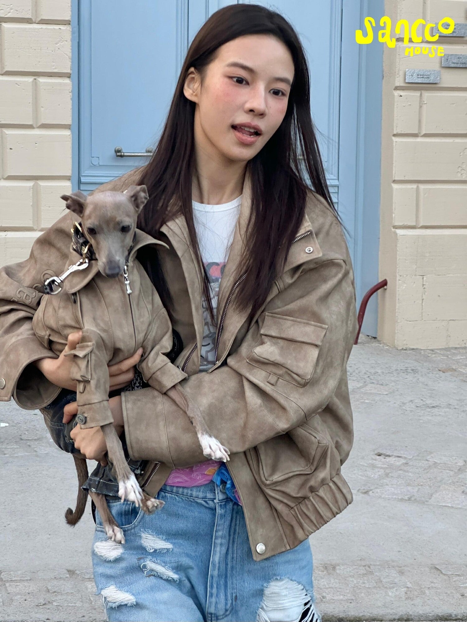 sancco house Oversized Cropped Biker Zip Lapel Street Women&