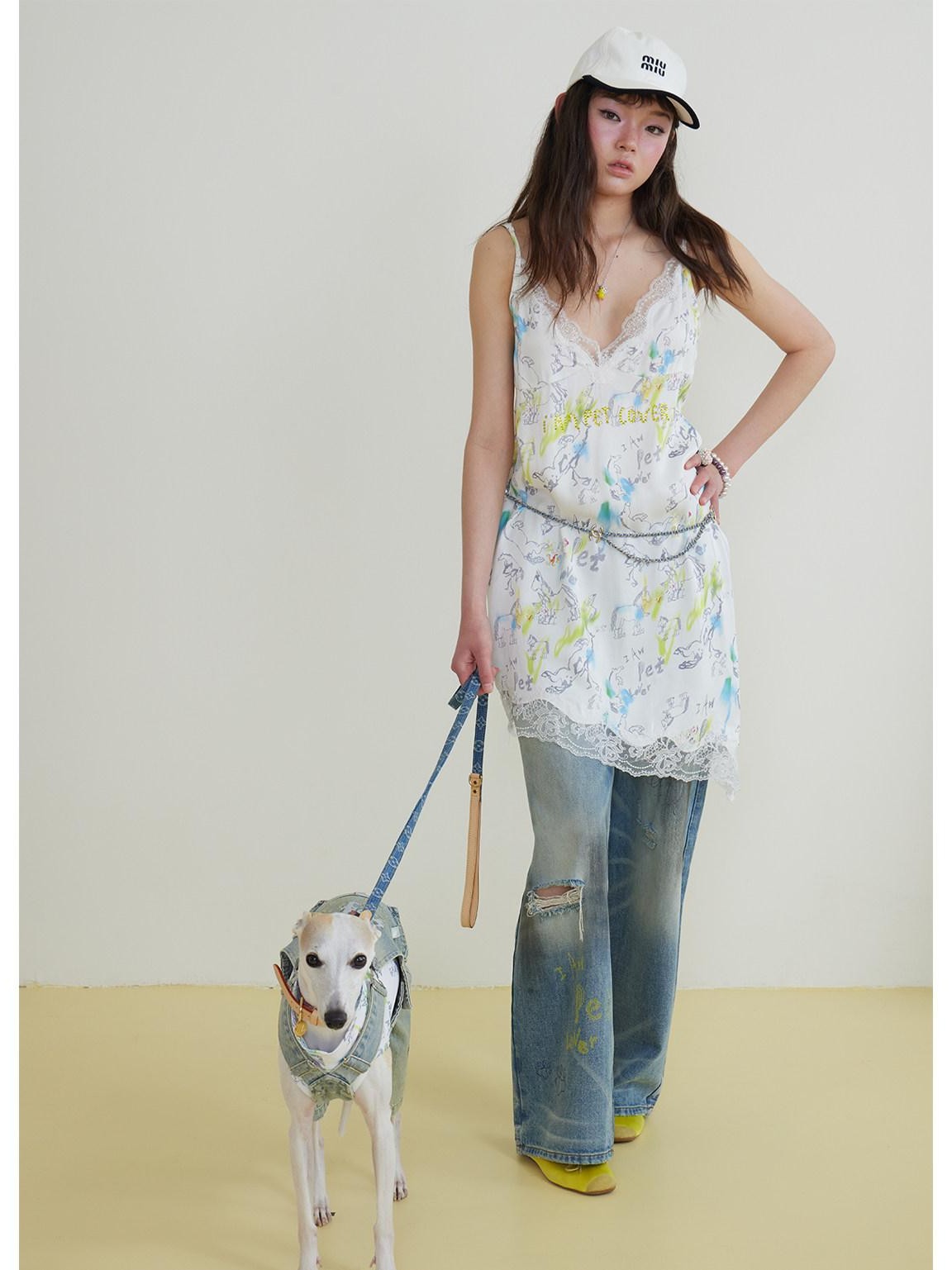 sancco house Printed Lace Rhinestone V-neck Women&