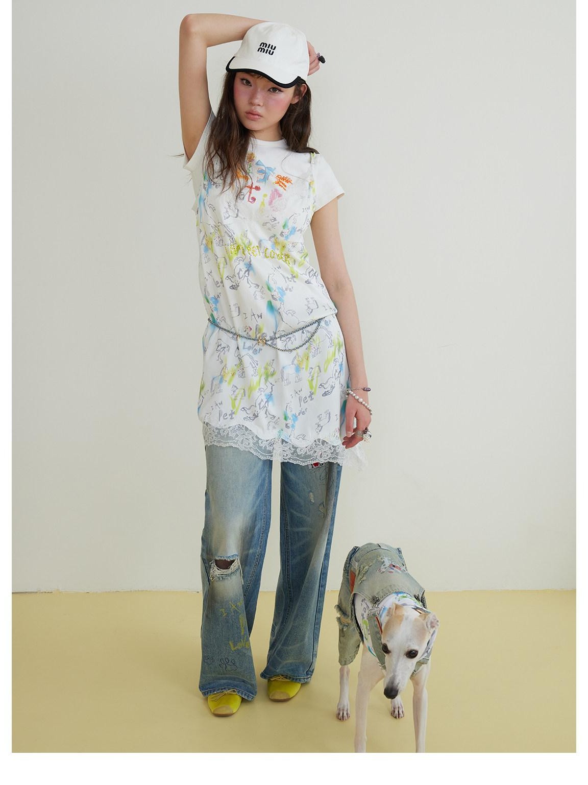 sancco house Printed Lace Rhinestone V-neck Women&