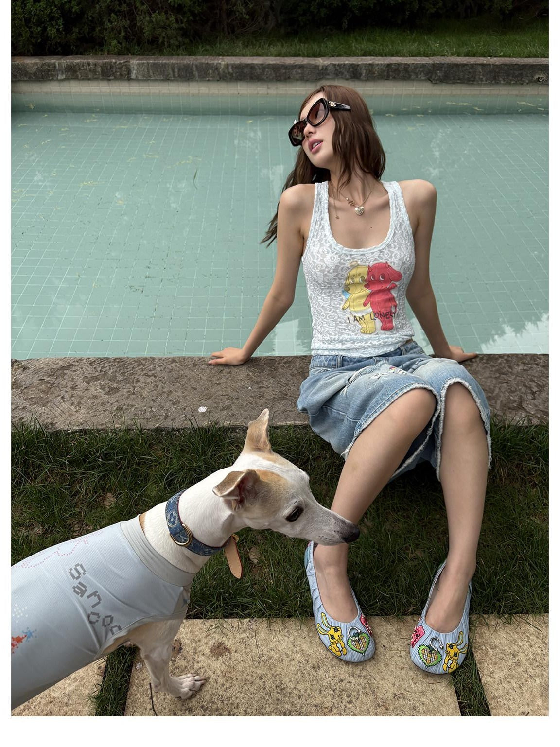 sancco house Puppy Applique Embroidery Sheer Racerback Women&