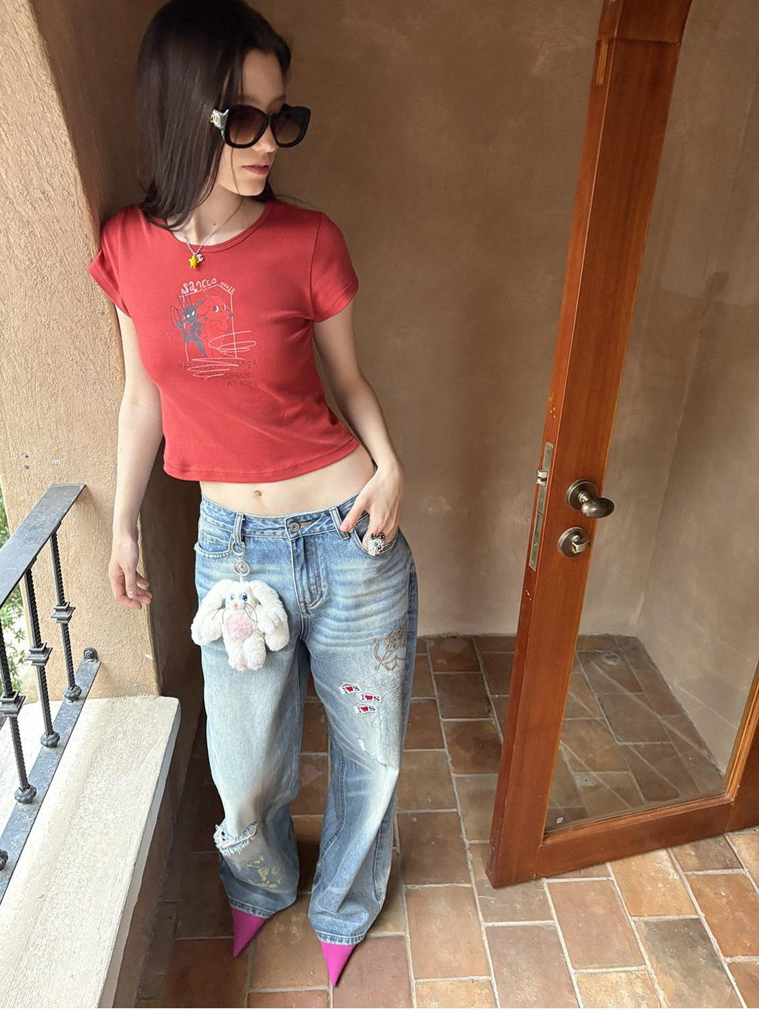 sancco house Puppy Cartoon Print Round Neck Short Sleeve Women&