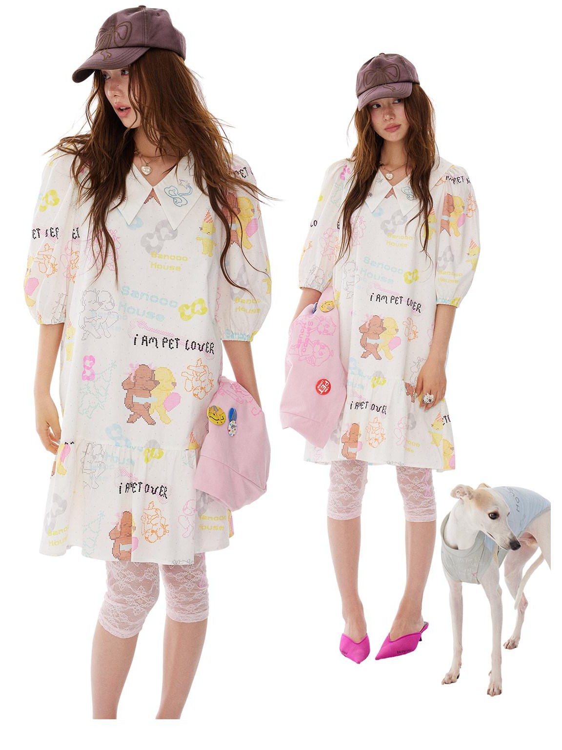 sancco house Puppy Rhinestone Collar Puff Sleeve Women&
