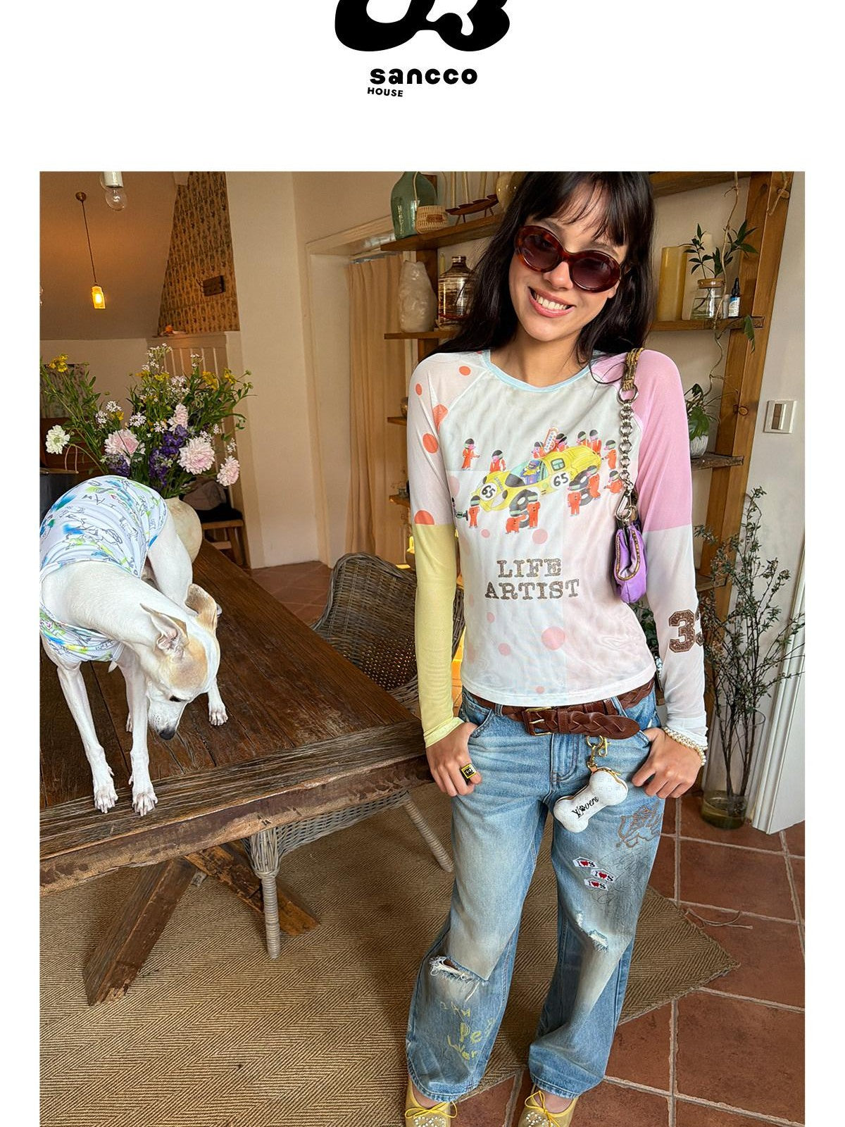 sancco house Racing Puppy Graffiti Sheer Mesh Slim Women&